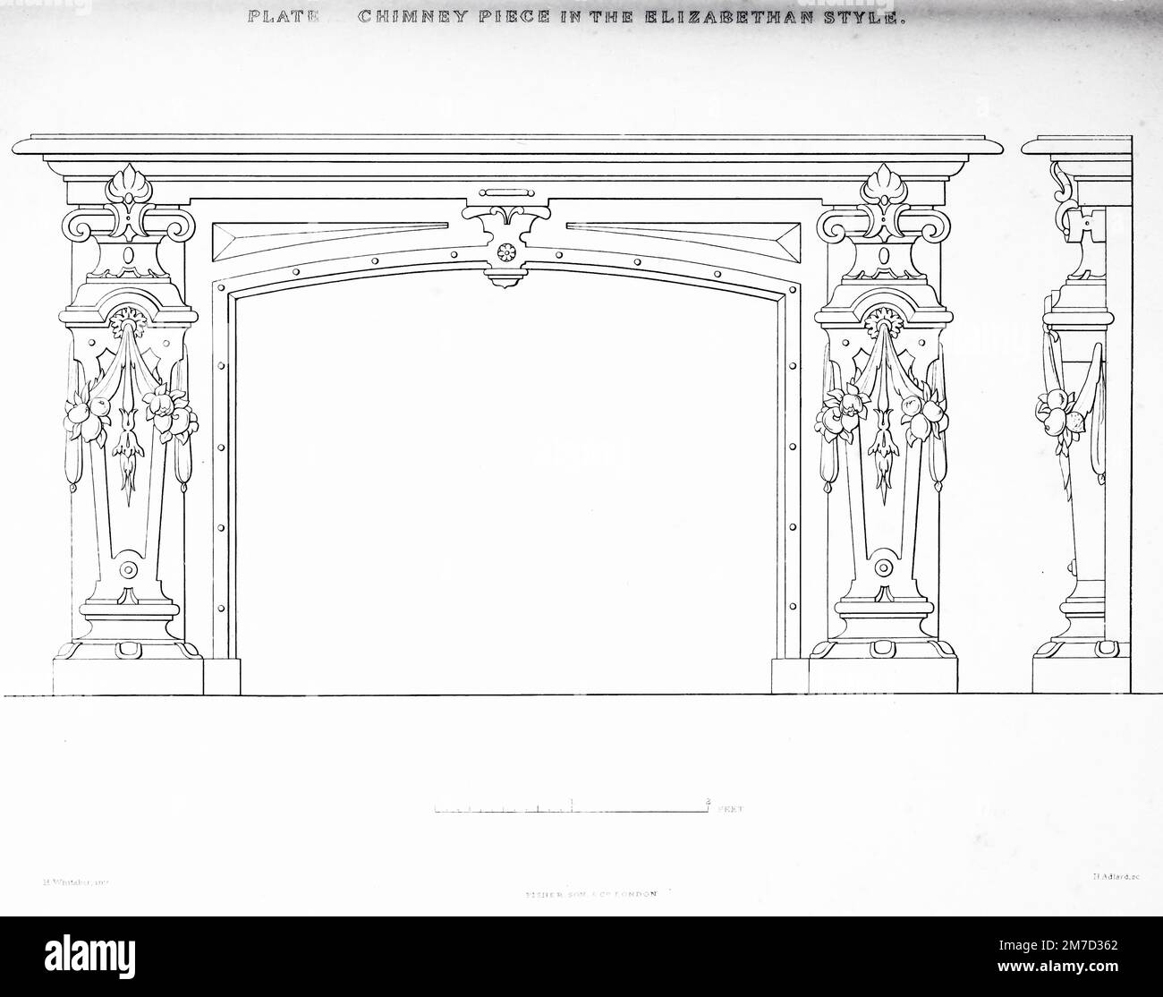 Camino, nell'Elisabettiano style.from il tesoro pratico di design del produttore di armadi e tappezzeria : arredatore di case e assistente di decorazione : in greco, italiano, rinascimentale, Louis-Quatorze, gotico, Stili Tudor e Elizabethan : intervallati da disegni eseguiti per i palazzi reali, e per alcune delle principali dimore della nobiltà e del genere, e case di club di Henry Whitaker, 1847 Foto Stock