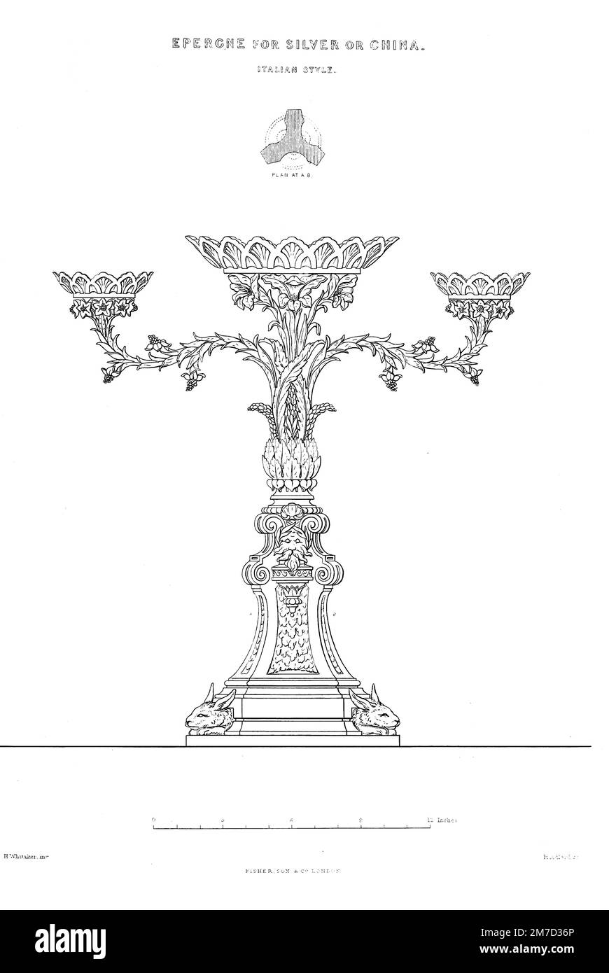 Epergne in stile italiano ; la base è triangolare, ad eccezione del membro più basso, che è rotondo. Il piatto centrale è supportato da sei fiori del Gladiolo ! Antwerpiensis. I piccoli piatti sono sorretti da fiori di stella, con cinque petali e un gruppo di filamenti ciascuno, e i fiori sui rami sono dello stesso carattere. La leggerezza con cui la cina è eseguita ora, lascia uno nella speranza di vedere i disegni della presente descrizione eseguiti in quel materiale; iVith una piccola gestione da parte del modellatore, il ramo potrebbe essere reso sufficientemente forte. Dal pratico produttore di armadietti & u Foto Stock