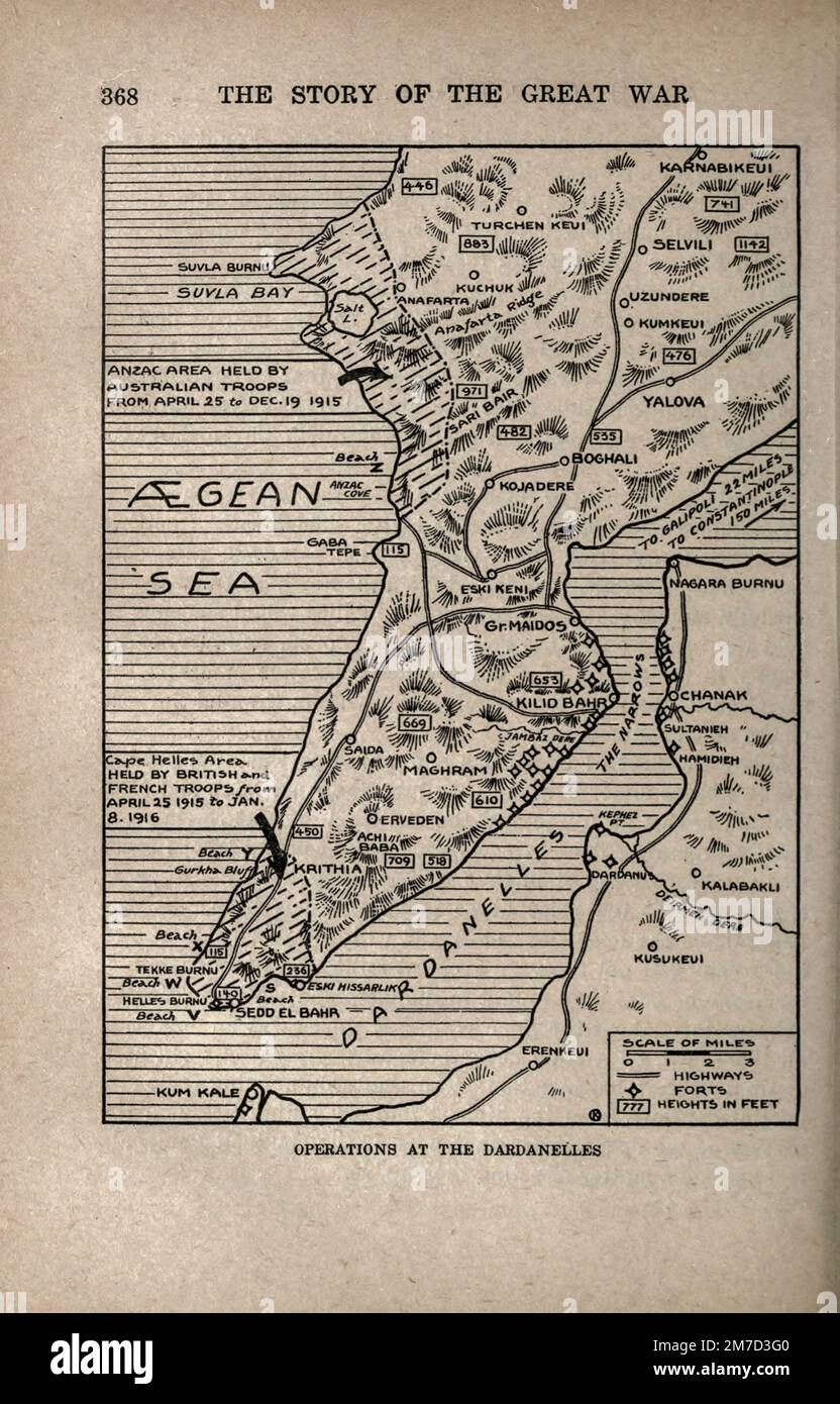 Operazioni alla mappa di Dardanelli dal libro la storia della grande guerra; la storia completa degli eventi fino ad oggi DIPLOMATICI E DOCUMENTI DI STATO di Reynolds, Francis Joseph, 1867-1937; Churchill, Allen Leon; Miller, Francis Trevelyan, 1877-1959; Wood, Leonard, 1860-1927; Knight, Austin Melvin, 1854-1927; Palmer, Frederick, 1873-1958; Simonds, Frank Herbert, 1878-; Ruhl, Arthur Brown, 1876- Volume IV pubblicato nel 1916 Foto Stock