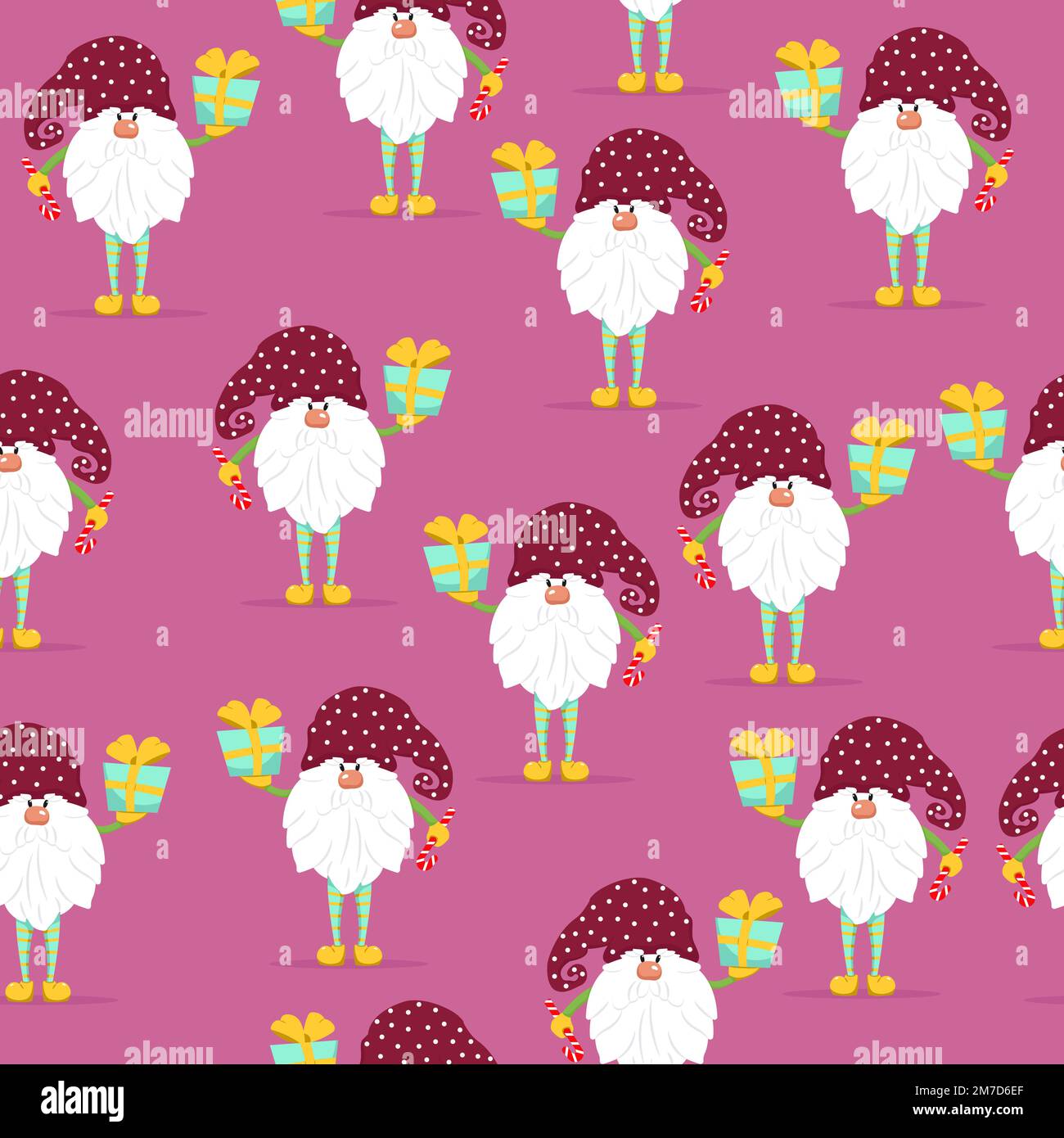 Gnomes divertenti con i regali modello senza cuciture. Gnomes allegro in cappelli vettore caratteri stile piatto Illustrazione Vettoriale