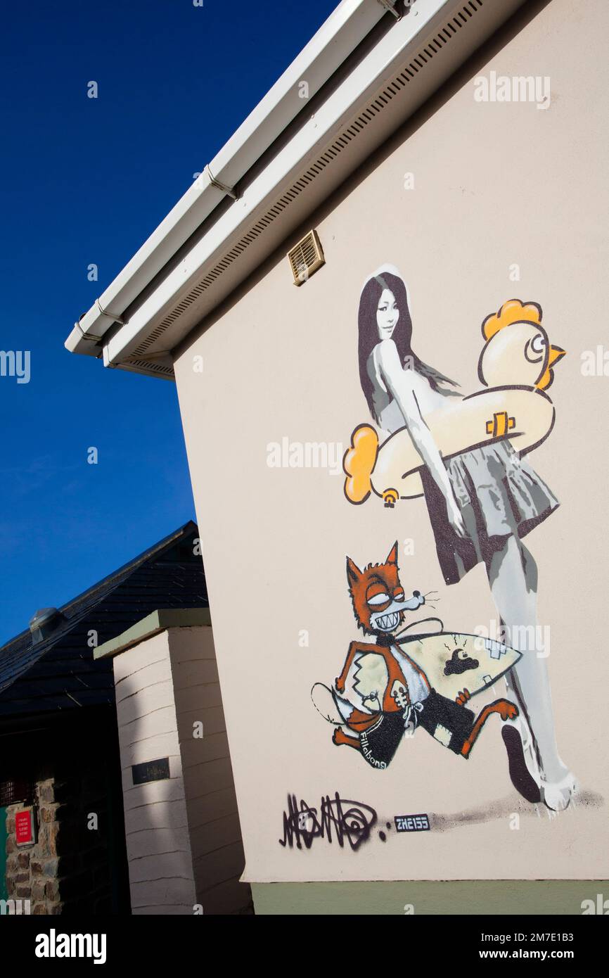 Banksy come navigare graffiti a Croyde, North Devon costa, UK. Foto Stock
