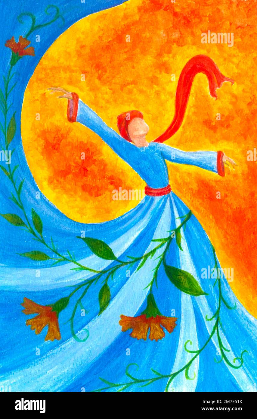 Dervish. Illustrazione acrilica simbolica della danza mistica Mevlevi. Foto Stock