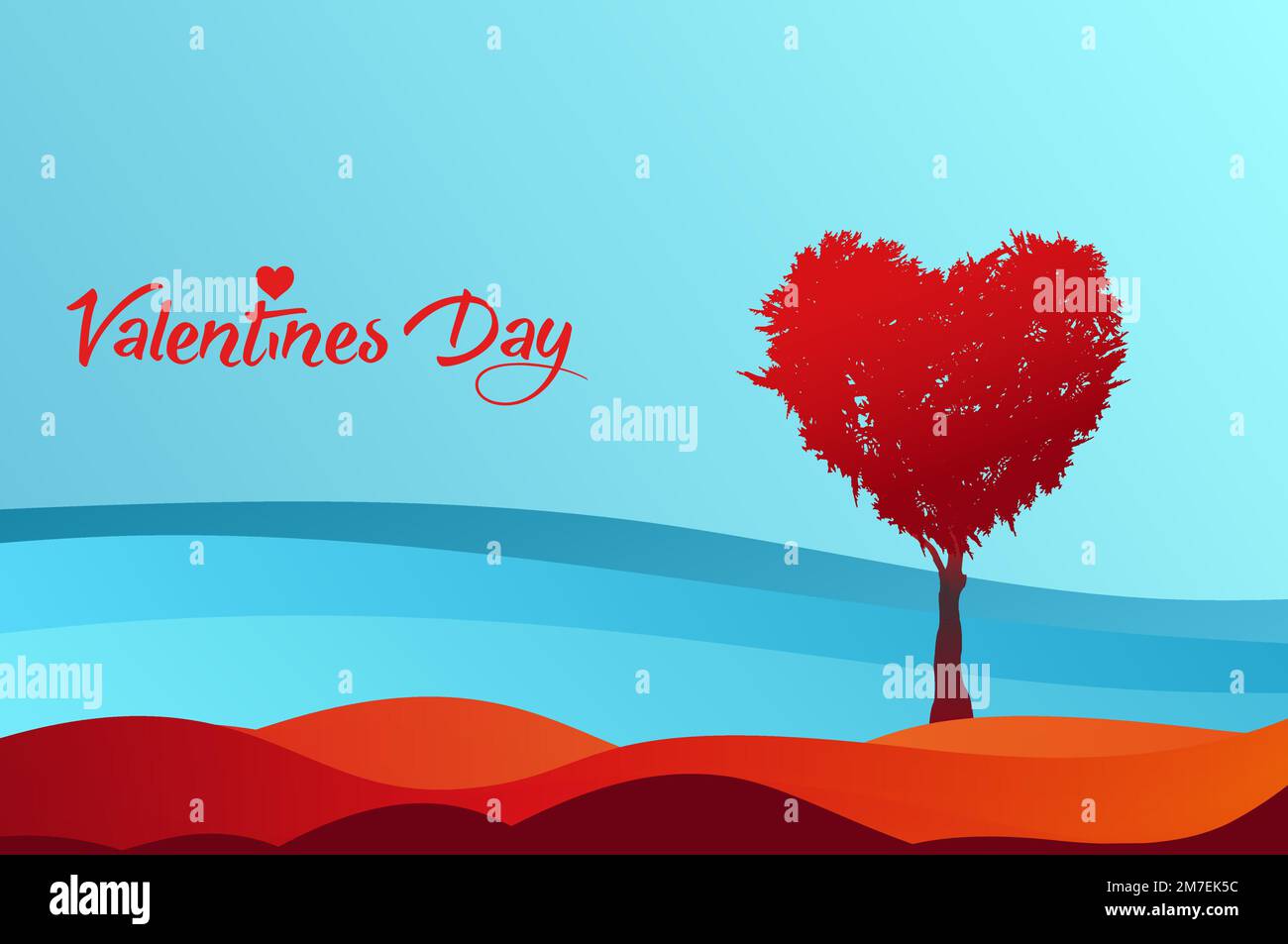 Albero a forma di cuore, sfondo giorno di San Valentino, paesaggio fantasy vettoriale, modello banner Illustrazione Vettoriale