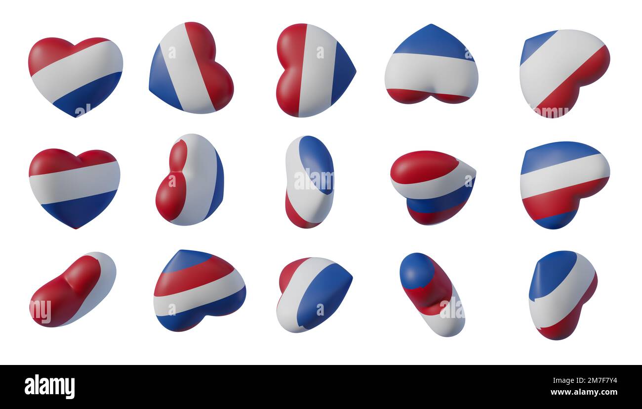 Cuori con bandiera dei Paesi Bassi, Collezione con 15 tipi diversi cuori con bandiera colore Olanda, cuore per San Valentino. 3d lavoro e 3d rendering Foto Stock