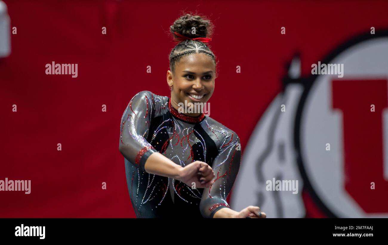 Utah gymnast Jaedyn Rucker performs her floor routine during an NCAA gymnastics meet on Friday, Jan. 6, 2023, in Salt Lake City, Utah. (AP Photo/Tyler Tate) Foto Stock