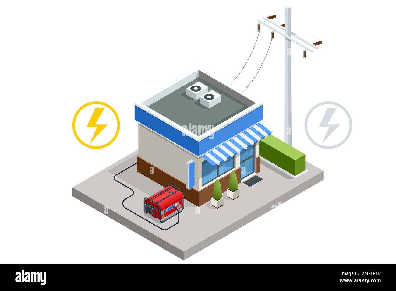Isometrica piccolo generatore elettrico portatile a benzina all'esterno di un negozio. generatore di energia industriale e domestico immobile Illustrazione Vettoriale