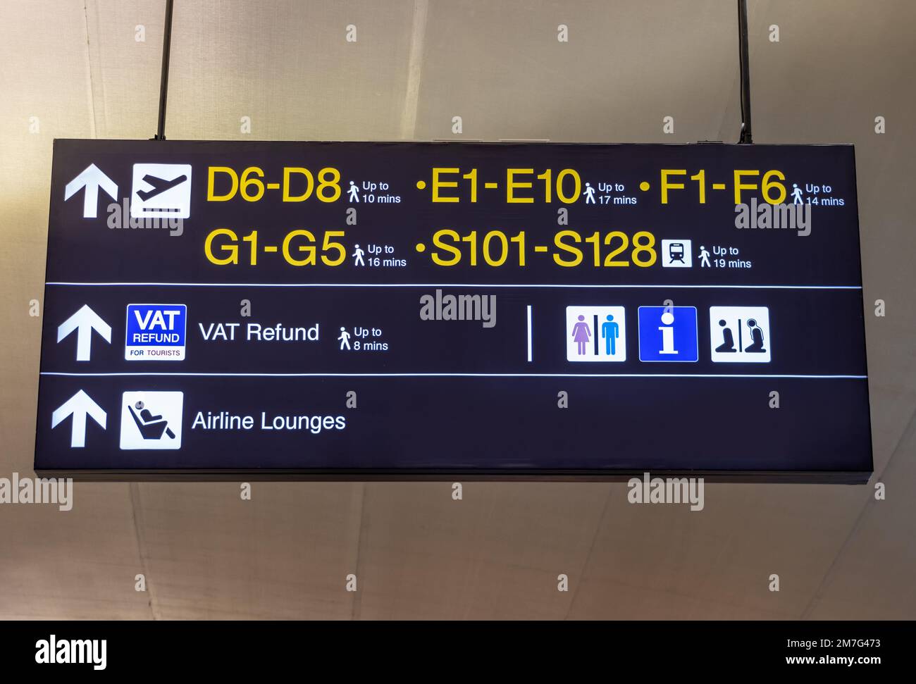 Informazioni tavole direzionali appese nella sala dell'aeroporto. Foto Stock
