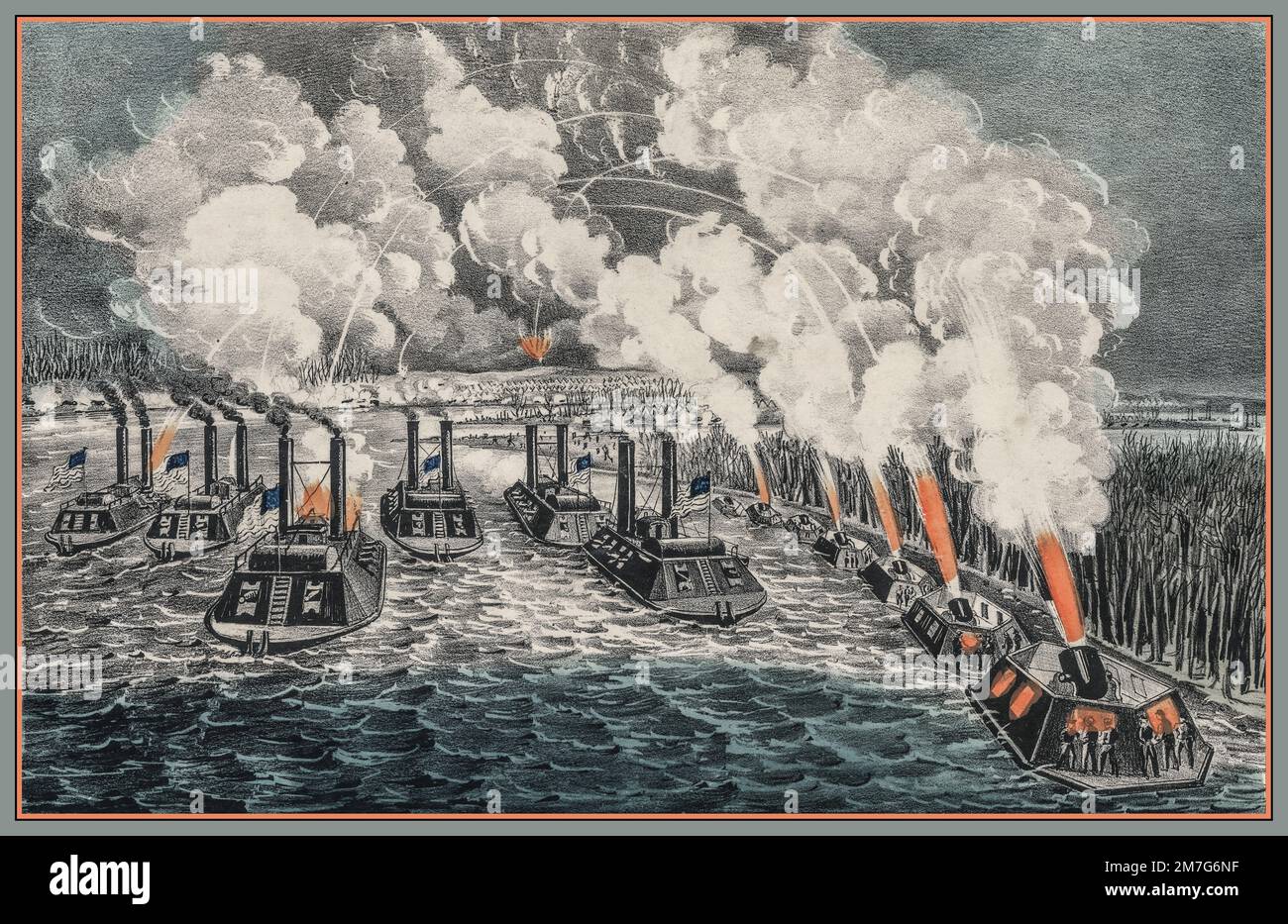 Guerra civile americana 1860s 'bombardamento dell'isola 'numero dieci' nel fiume Mississippi.' Litografia colorata a mano di Currier and Ives, New York, 1862. Guerra civile. Un ferro è una nave da guerra a vapore protetta da armature in ferro o acciaio, costruita tra il 1859 e l'inizio degli anni '1890s. Le cannoniere ironcade hanno avuto grande successo nella guerra civile americana. Foto Stock