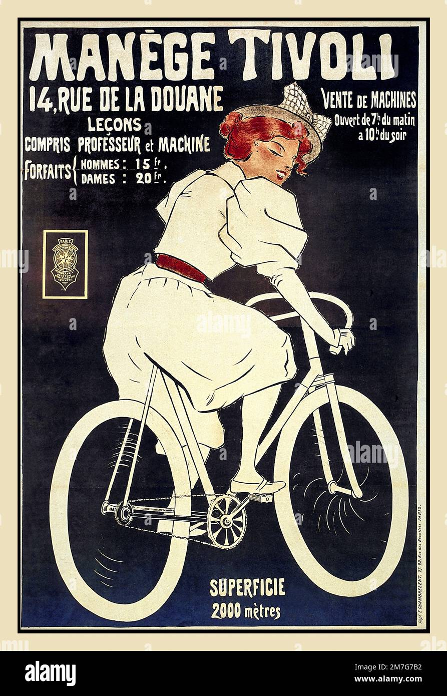 Litografia con poster di biciclette d'epoca 1890s "MANEGE TIVOLI" Parigi Francia. Vente de macchine. Hommes Dames Forfaits Foto Stock