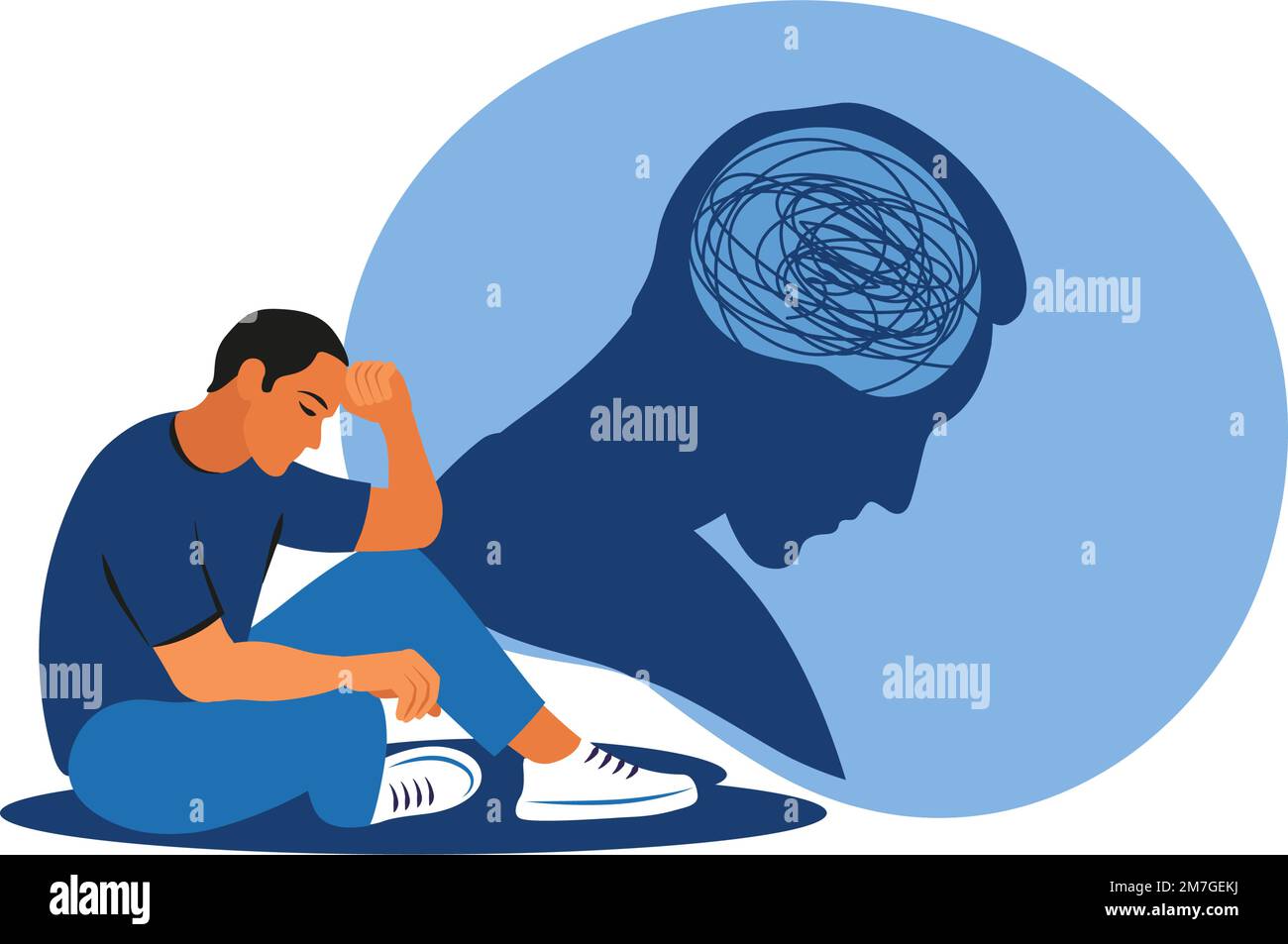 Uomo depresso seduto sul pavimento. Concetto di salute mentale. Depressione, disturbo bipolare, ossessivo compulsivo, disturbo da stress post traumatico. Vettore Illustrazione Vettoriale