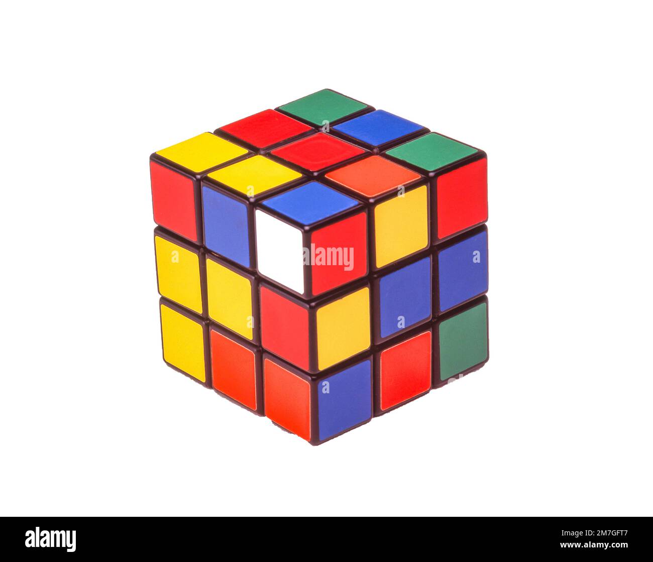 Magic Cube di Rubik contro un backgound bianco, Grande Londra, Inghilterra, Regno Unito Foto Stock