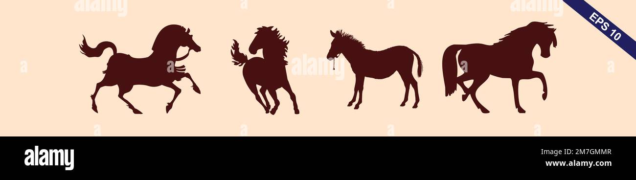 Una serie di grafica dettagliata di silhouette animale cavallo Illustrazione Vettoriale