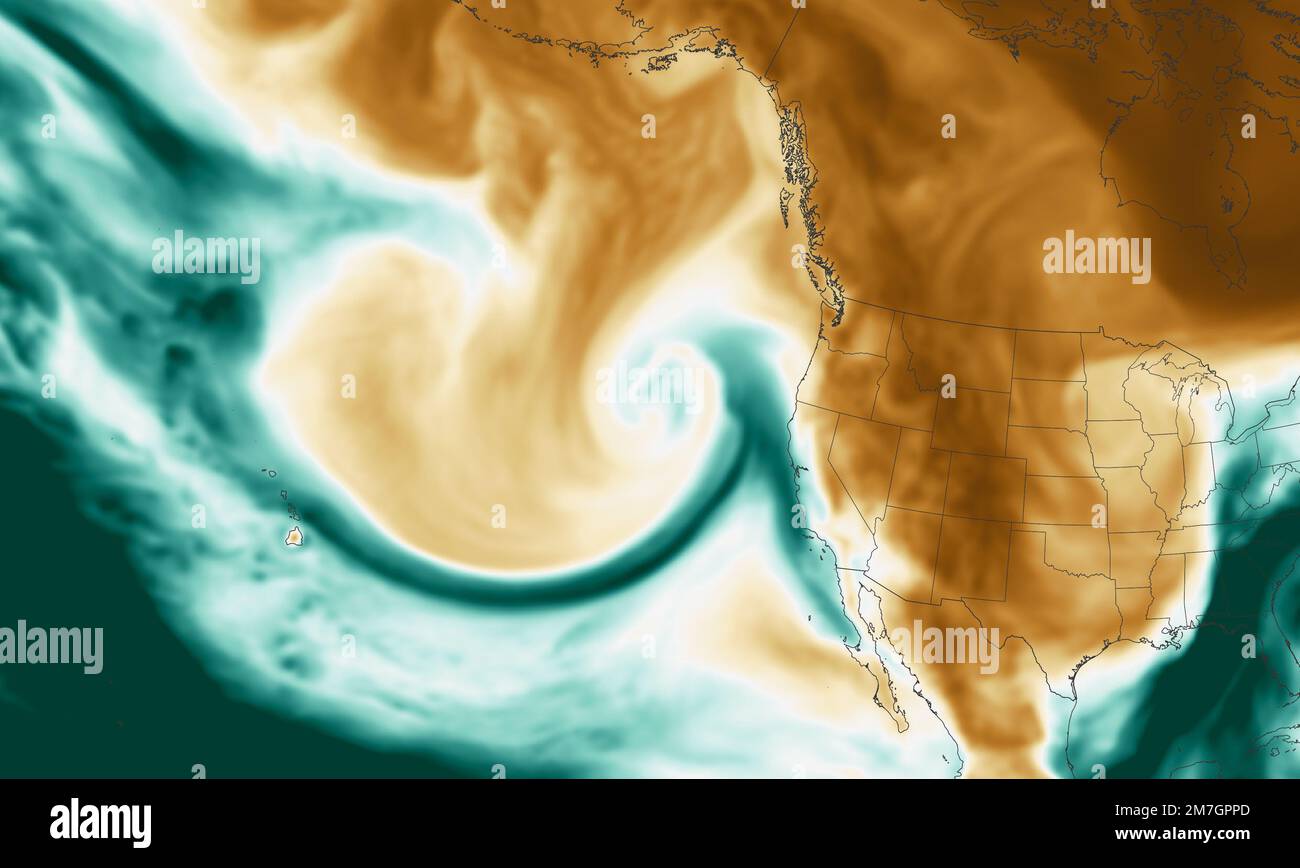 Costa della California, Stati Uniti. 5th Jan, 2023. Appena quattro giorni dopo che la pioggia pesante ha colpito la California, lo stato è stato inzuppato con un altro fiume atmosferico il 4 e 5 gennaio 2023. Un pennacchio di umidità proveniente dal Pacifico tropicale interagì con un sistema a bassa pressione che si rafforzò rapidamente sul Pacifico nord-orientale, producendo una tempesta che causò inondazioni, rovesci alberi e abbattute linee elettriche. Le aree della California hanno visto velocità del vento da 40 a 80 miglia all'ora e da 6 a 8 pollici di pioggia in 24 ore. Credit: NOAA/ZUMA Press Wire Service/ZUMAPRESS.com/Alamy Live News Foto Stock