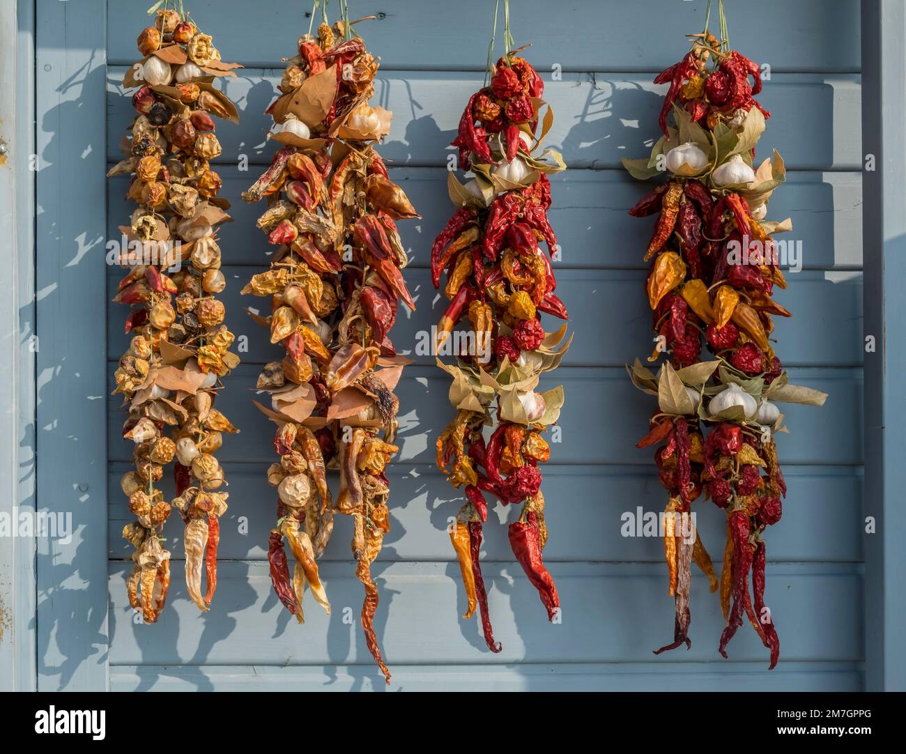 Peperoncini secchi, aglio, foglie di alloro, vendita di mercato, Croazia Foto Stock