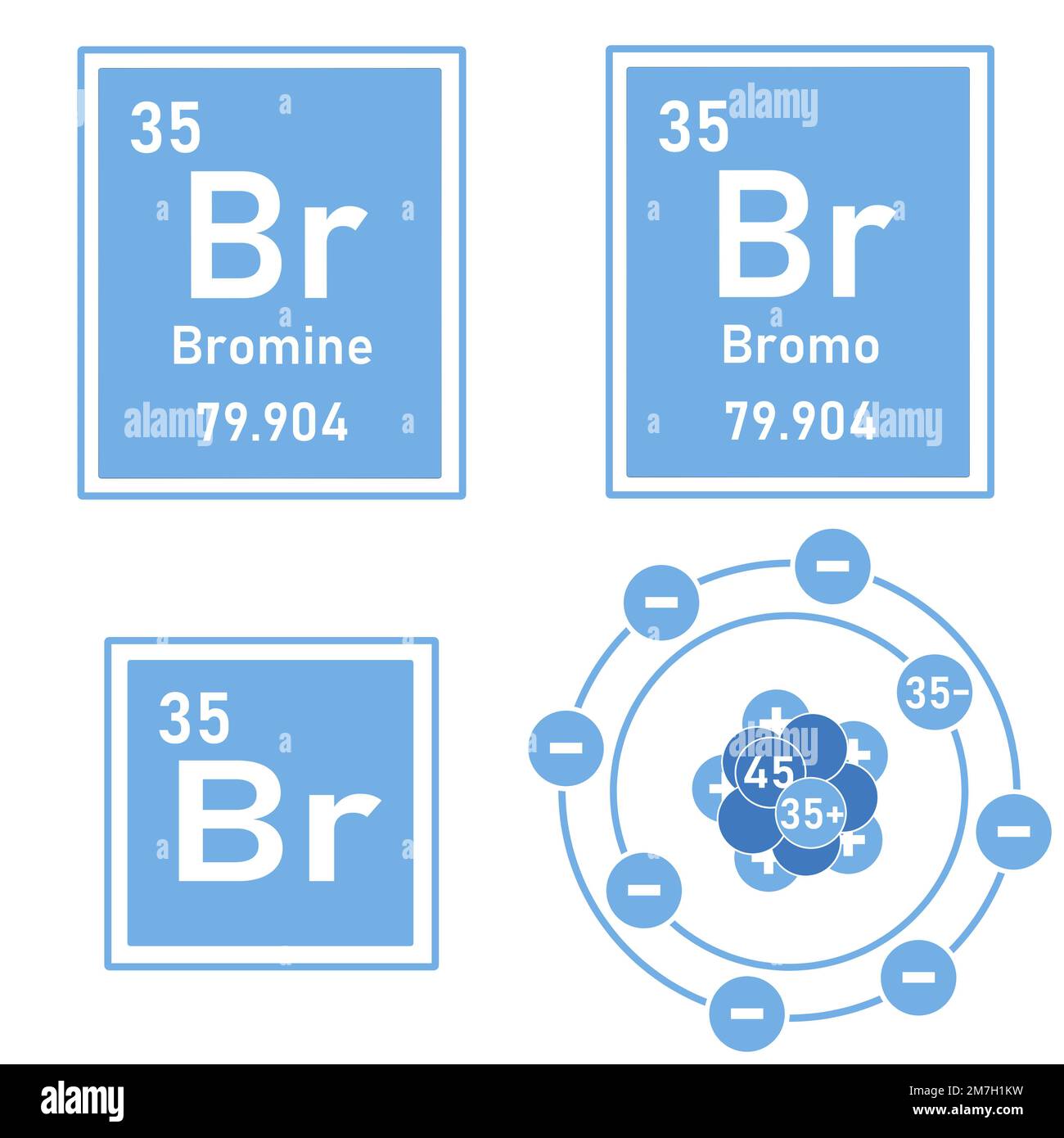 Icona blu dell'elemento bromo della tavola periodica con rappresentazione del suo atomo Foto Stock
