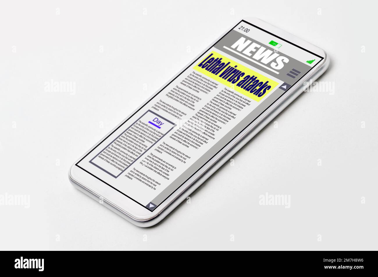 Immagine di uno smartphone con notizie digitali su sfondo bianco Foto Stock