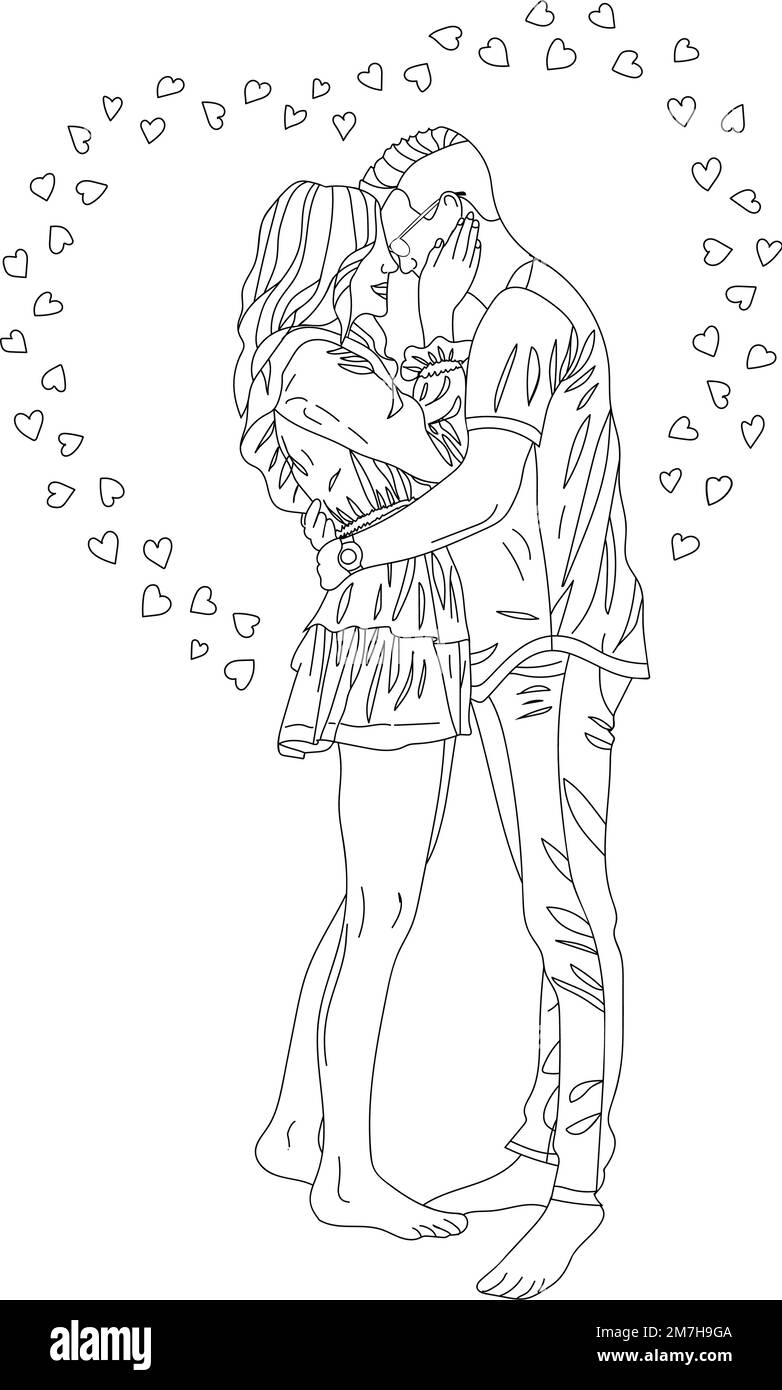 Il ragazzo e la ragazza stanno abbracciando. Libro da colorare vettoriale antistress Illustrazione Vettoriale