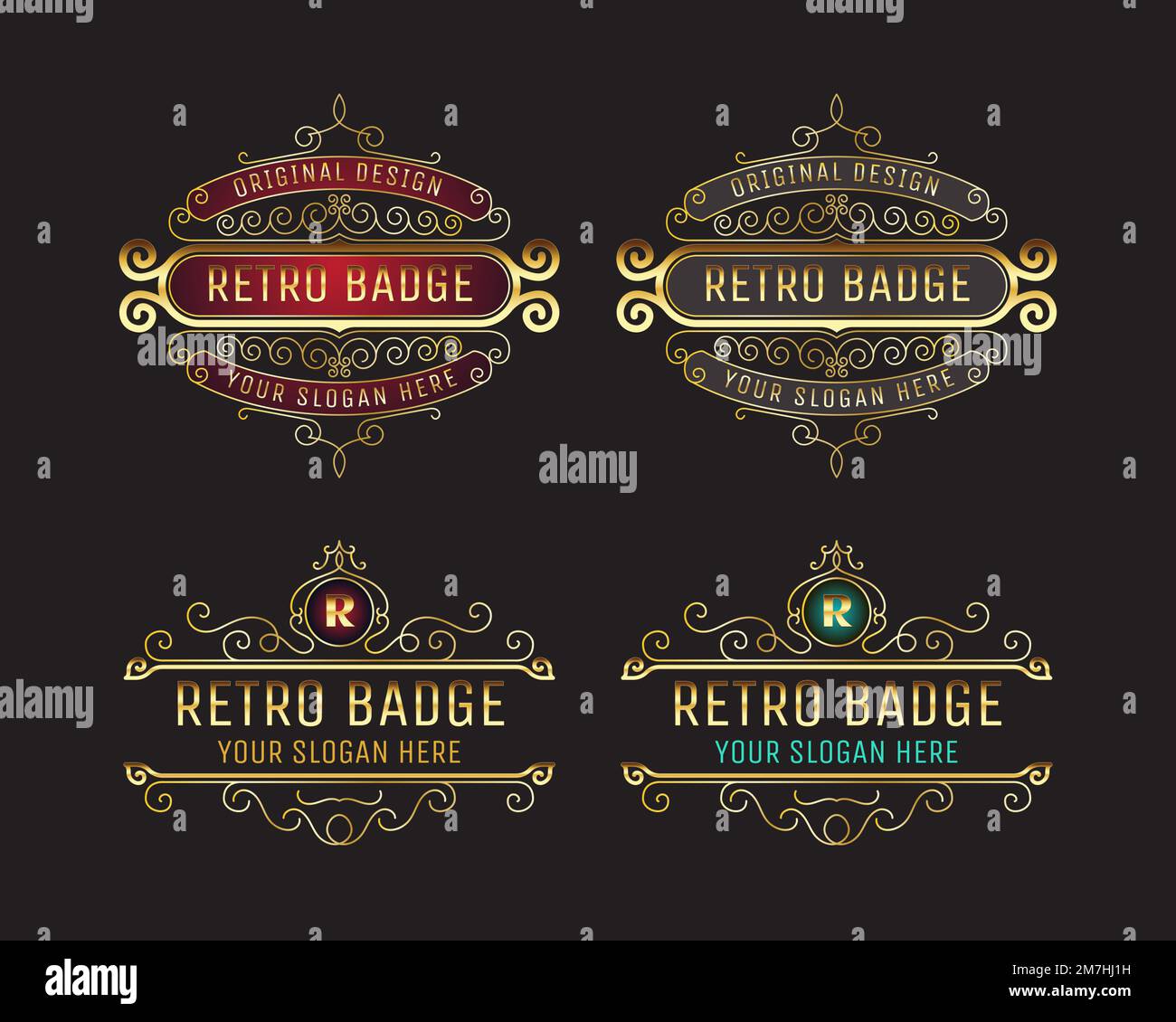 Set di distintivi ed etichette dorate retrò, ornamento floreale vintage di lusso per il logo branding Illustrazione Vettoriale