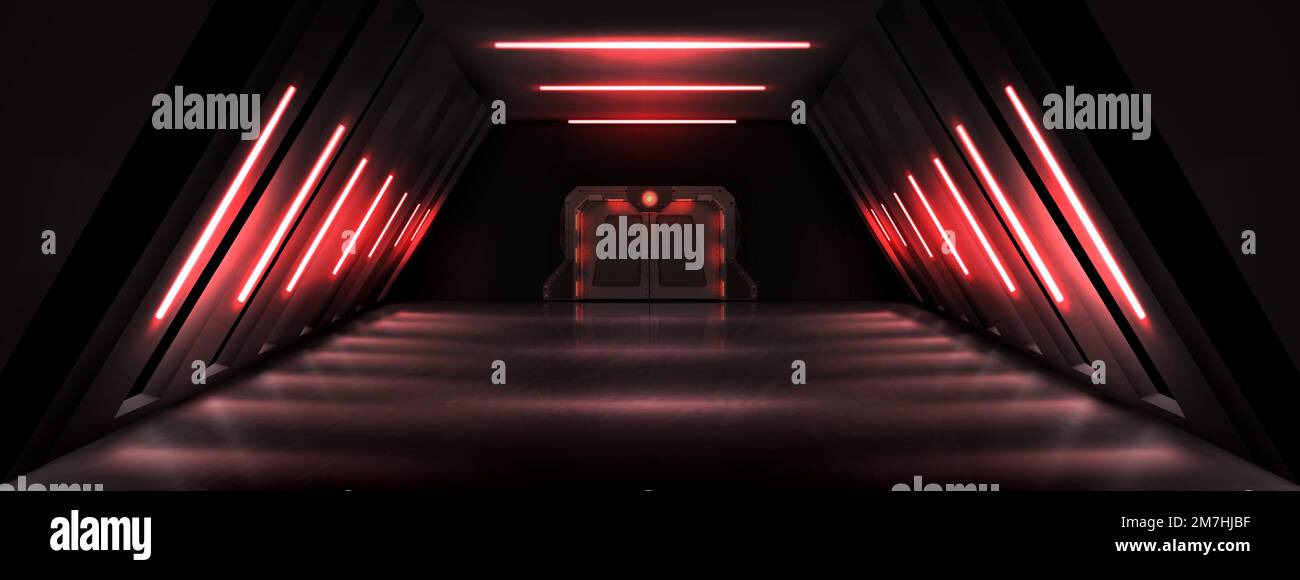 Sala scura con porta in metallo chiusa e illuminazione a lampada al neon rosso. Rappresentazione vettoriale realistica di laboratorio segreto, veicolo spaziale alieno, interno di riparo bomba con porta scorrevole. Edificio futuristico Illustrazione Vettoriale
