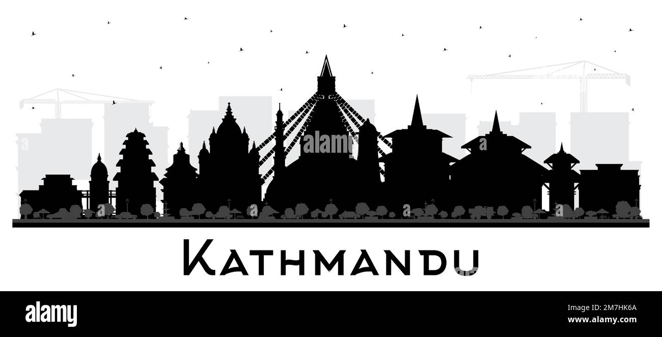 Kathmandu Nepal City Skyline Silhouette con edifici neri isolati su bianco. Illustrazione vettoriale. Kathmandu paesaggio urbano con punti di riferimento. Illustrazione Vettoriale