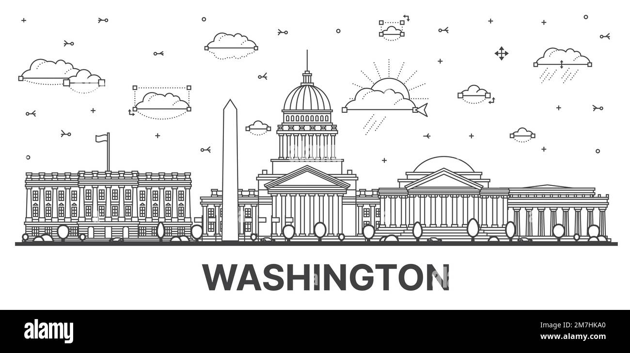 Delineate lo skyline di Washington DC City con edifici storici isolati su White. Illustrazione vettoriale. Washington DC USA, paesaggio urbano con monumenti storici. Illustrazione Vettoriale