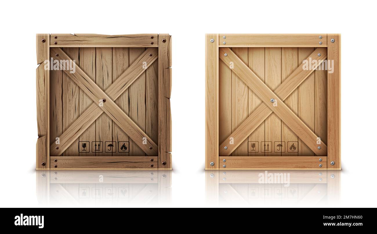 Scatola di legno chiusa da chiodi metallici realistica illustrazione vettoriale. Cassa di legno nuova e invecchiata o vano di carico per stoccaggio, trasporto e consegna con simboli postali, isolata su sfondo bianco Illustrazione Vettoriale