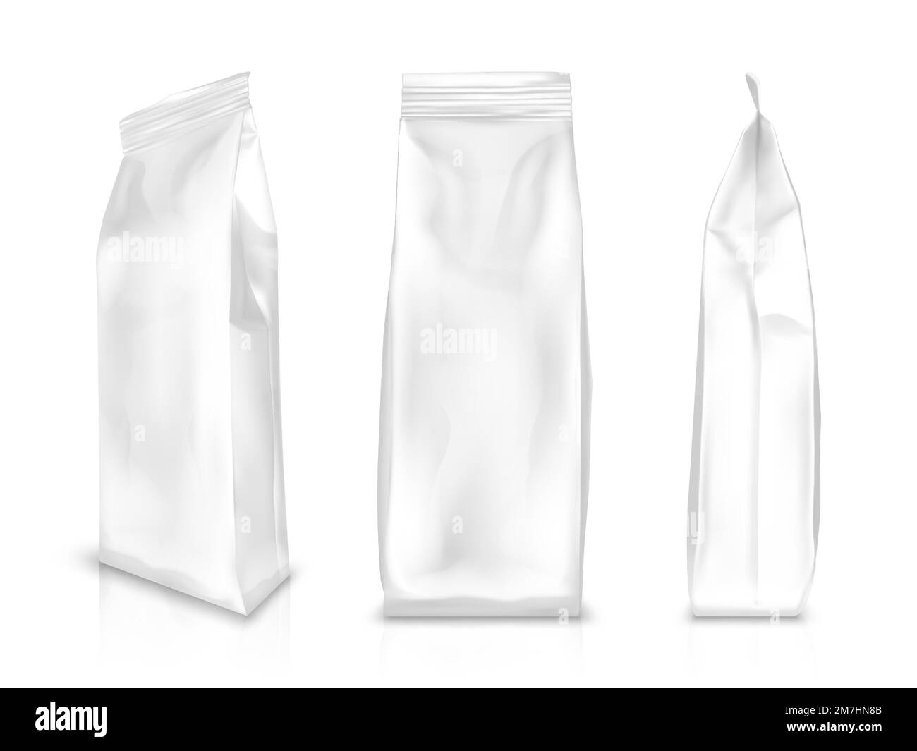 Vettore realistico per confezione in plastica bianca vuota o in lamina. Borsa o astuccio per snack, dolci e caffè, vista frontale e laterale, illustrazioni isolate su sfondo bianco, mock up per il design della confezione Illustrazione Vettoriale