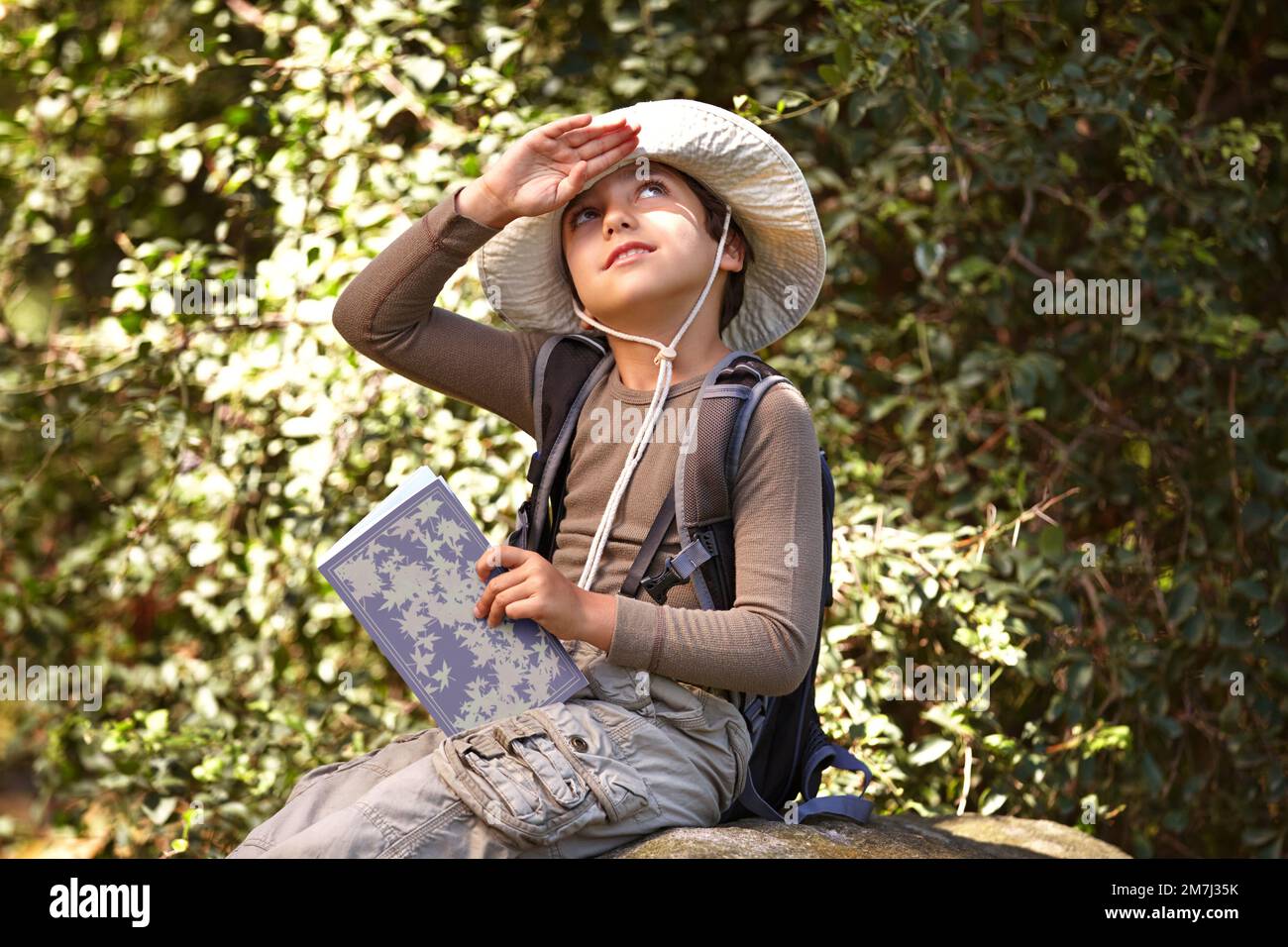 Esploratore nella realizzazione. Un ragazzino seduto con un libro che guarda verso il cielo. Foto Stock