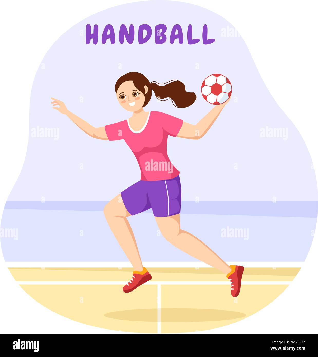 Handball Illustrazione di un giocatore che tocca il pallone con la sua mano e segnando un obiettivo in un modello di disegno della mano del cartoon piatto della competizione sportiva Illustrazione Vettoriale