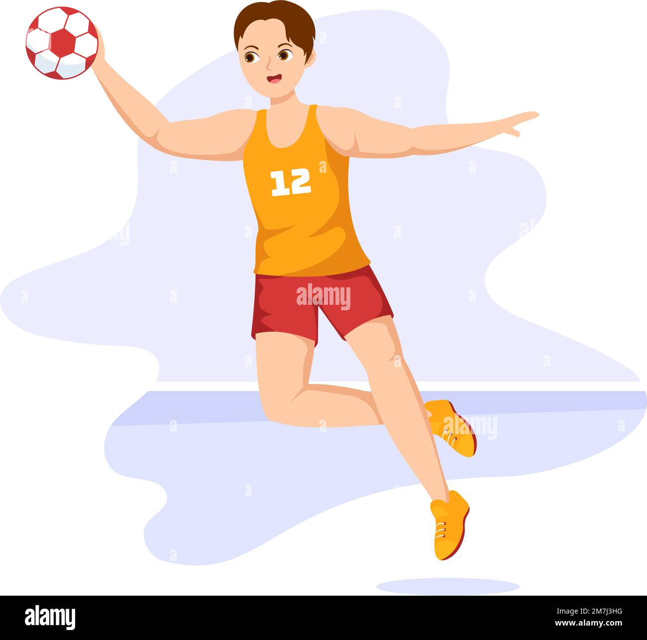 Handball Illustrazione di un giocatore che tocca il pallone con la sua mano e segnando un obiettivo in un modello di disegno della mano del cartoon piatto della competizione sportiva Illustrazione Vettoriale