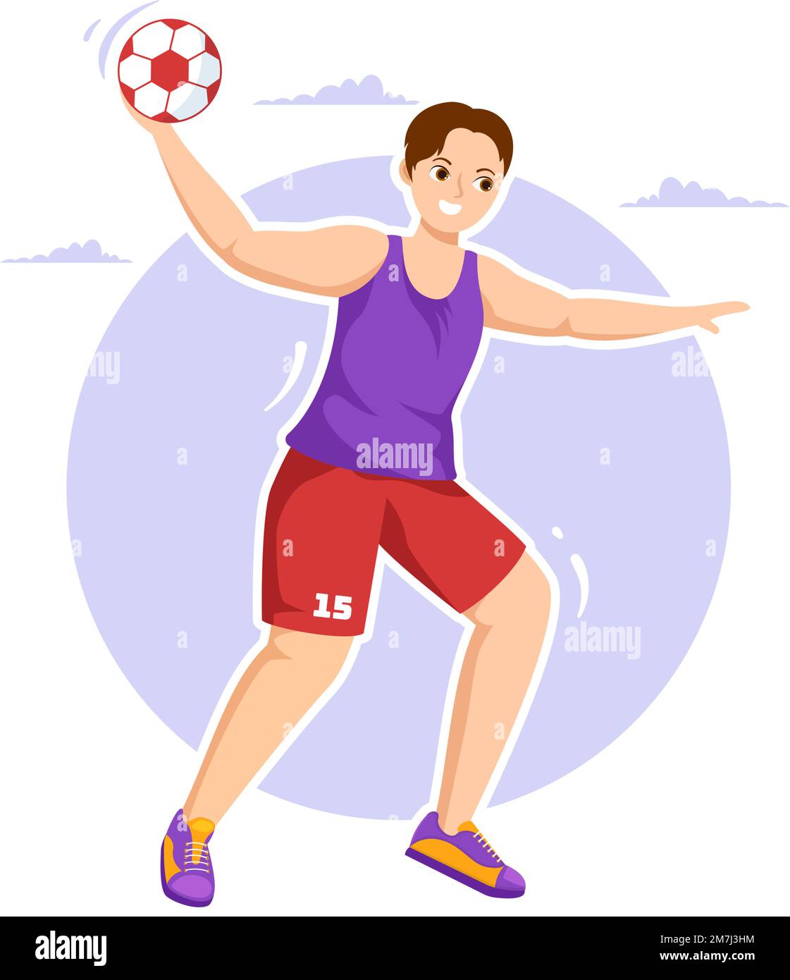 Handball Illustrazione di un giocatore che tocca il pallone con la sua mano e segnando un obiettivo in un modello di disegno della mano del cartoon piatto della competizione sportiva Illustrazione Vettoriale