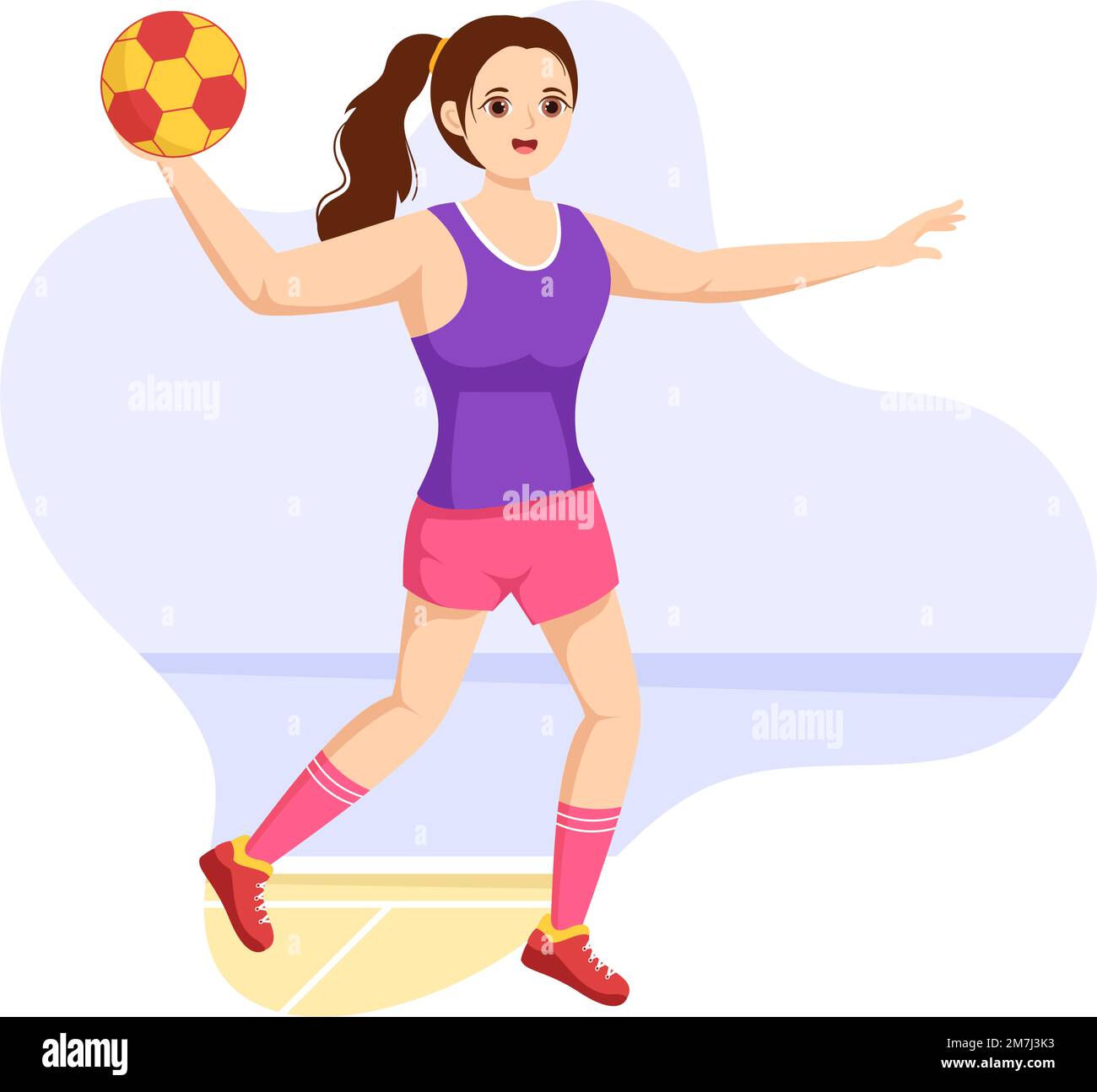 Handball Illustrazione di un giocatore che tocca il pallone con la sua mano e segnando un obiettivo in un modello di disegno della mano del cartoon piatto della competizione sportiva Illustrazione Vettoriale