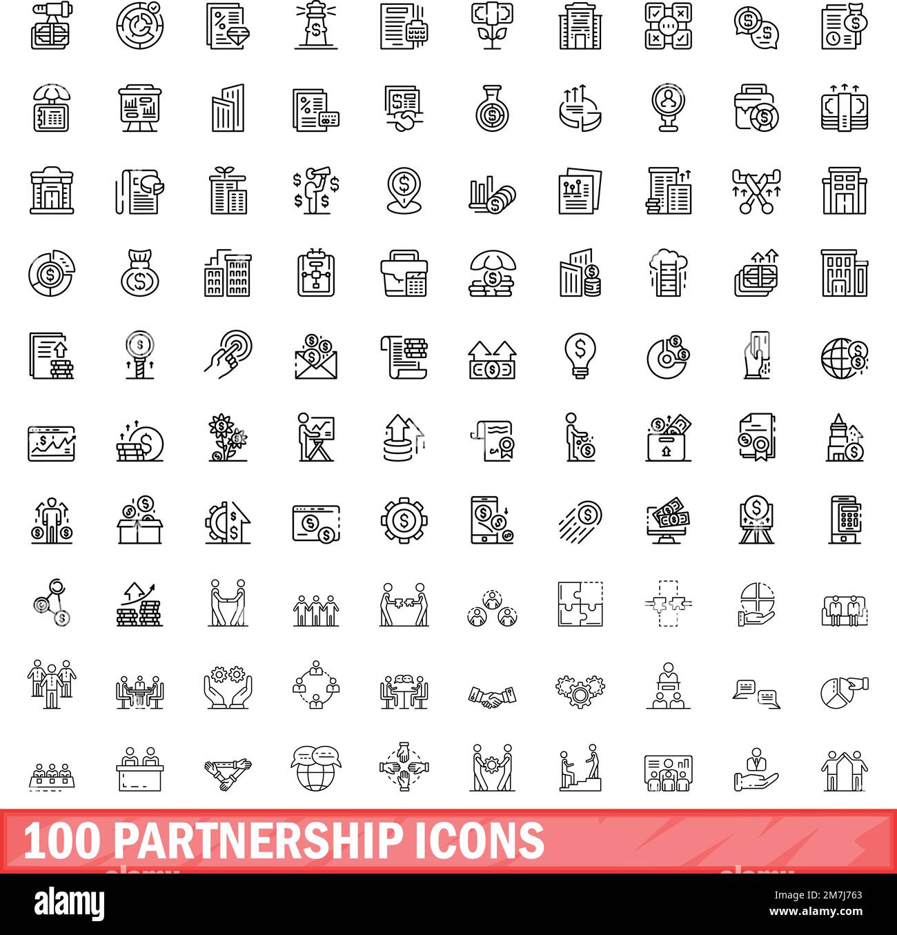 100 icone di relazione impostate. Illustrazione di 100 icone di partnership set vettoriale isolato su sfondo bianco Illustrazione Vettoriale