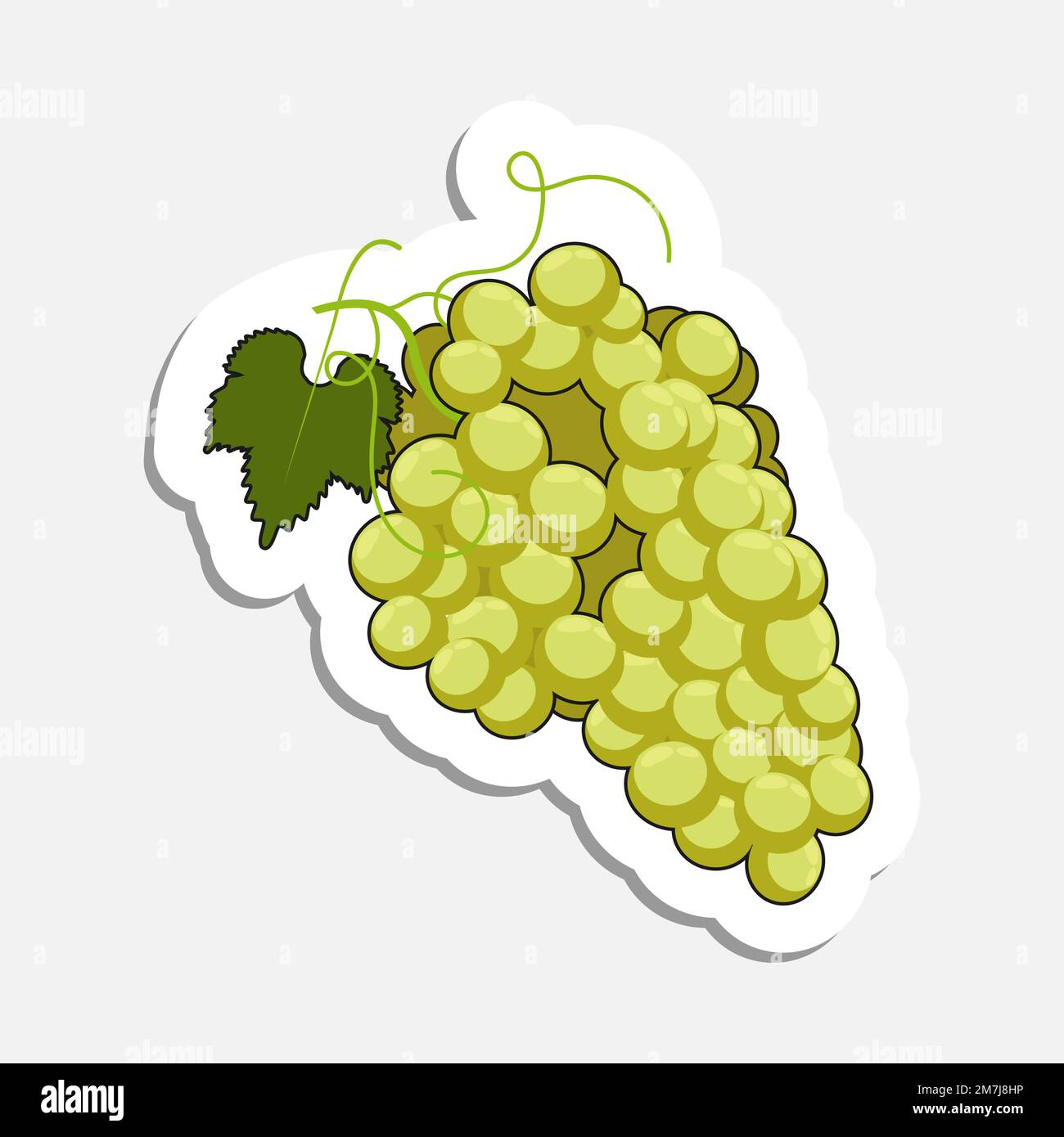 Grappolo d'uva con foglie e tendoli in stile doodle. Icona cartoon disegnata a mano con tratto. Adesivo vettoriale cartone animato isolato su sfondo bianco Illustrazione Vettoriale