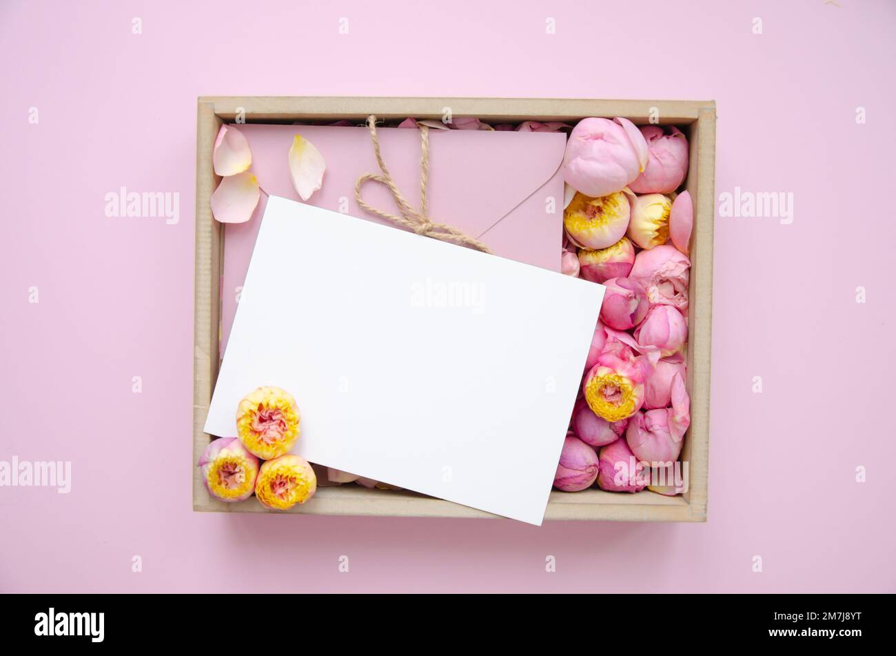 Confezione regalo, boccioli di rosa e petali. Fiori freschi, busta artigianale, carta bianca. Rose in una scatola rosa rose, rose gialle. Moda. Minimalismo. San Valentino Foto Stock