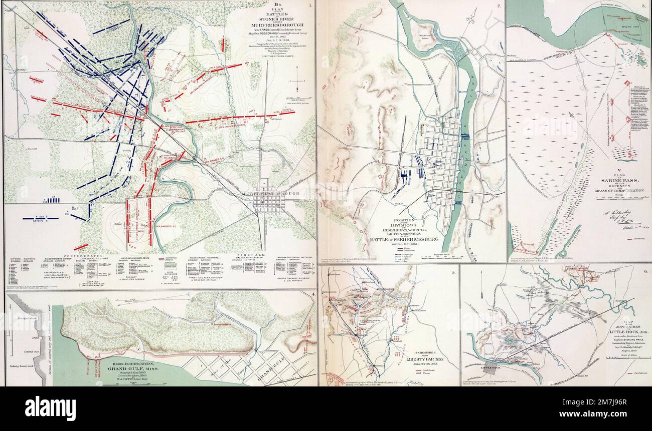 La vecchia mappa della battaglia di Fredericksburg su un atlante che indica il corso della guerra Foto Stock