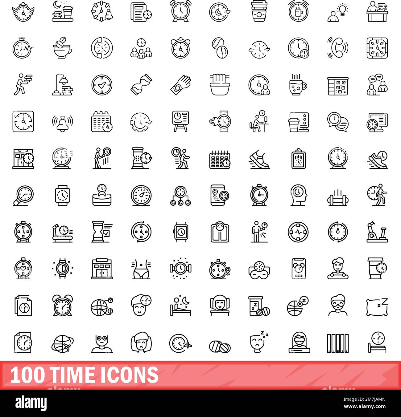 100 icone dell'ora impostate. Illustrazione di 100 icone temporali con set vettoriale isolato su sfondo bianco Illustrazione Vettoriale