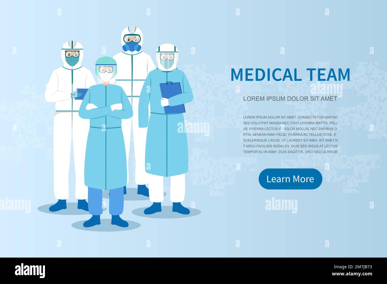 Team medico . Medico con DPI ( Personal Protective Equipments ) mantello . Personaggi dei cartoni animati . Vettore . Illustrazione Vettoriale