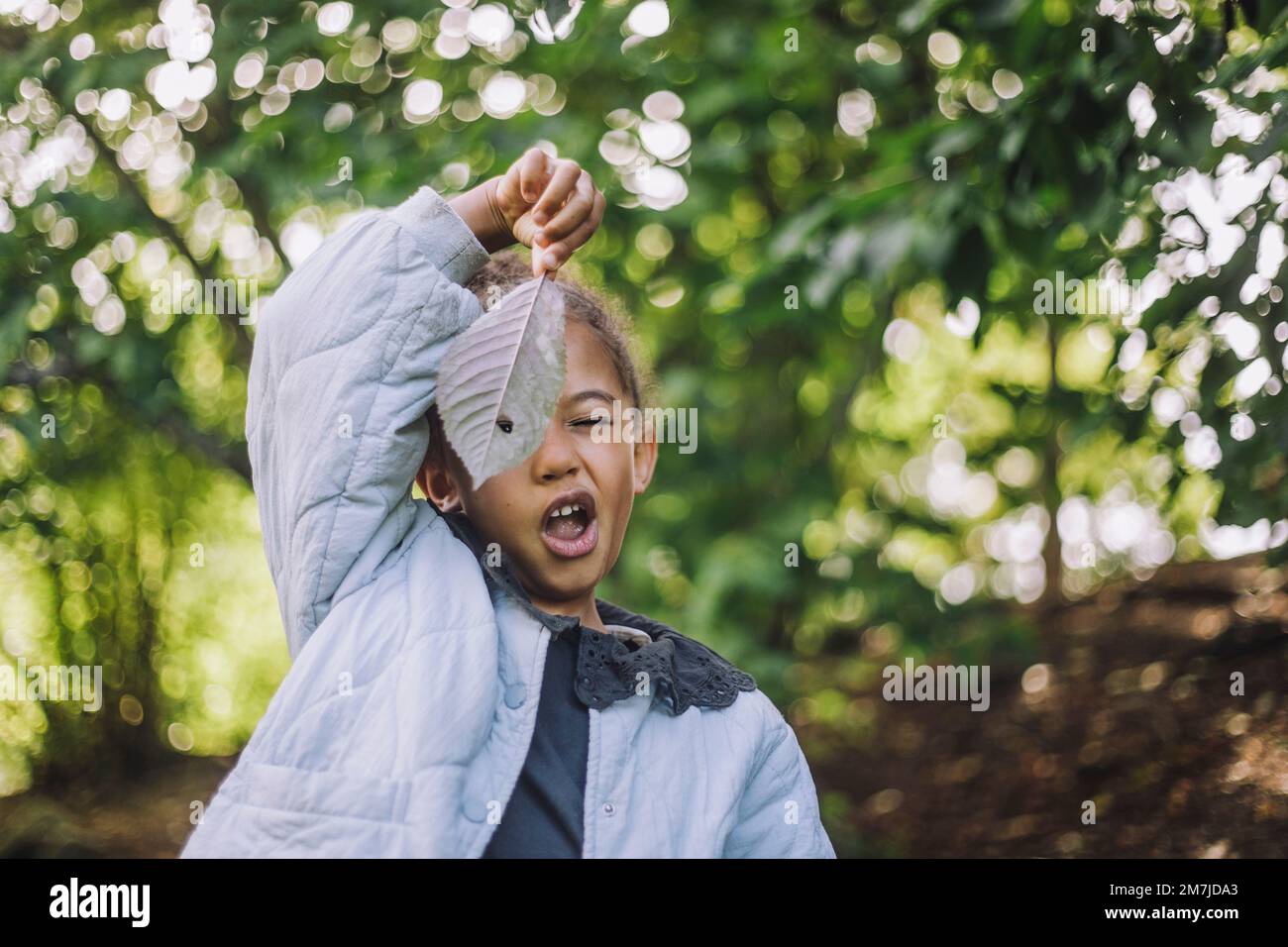 Ragazza giocosa che fa la faccia mentre guarda attraverso il foro in foglia asciutta Foto Stock