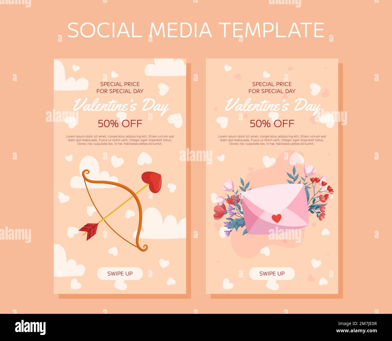 Design dei modelli di storie sui social media verticali per San Valentino. Inchino e freccia con una freccia a forma di cuore, nuvole e cuore intorno, avvolge e flowe Illustrazione Vettoriale