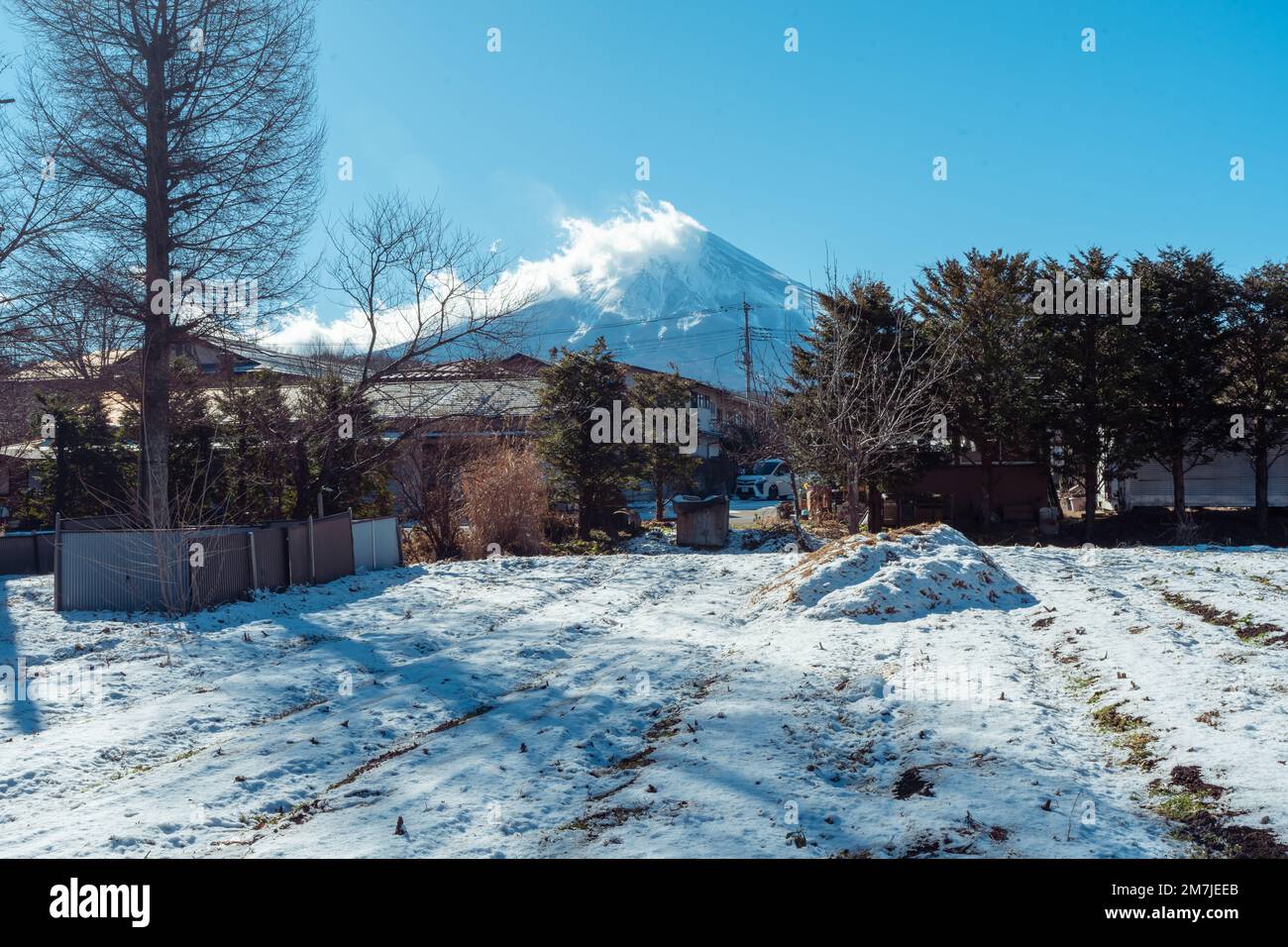 Il terreno agricolo è coperto di neve invernale intorno al Monte Fuji Foto Stock