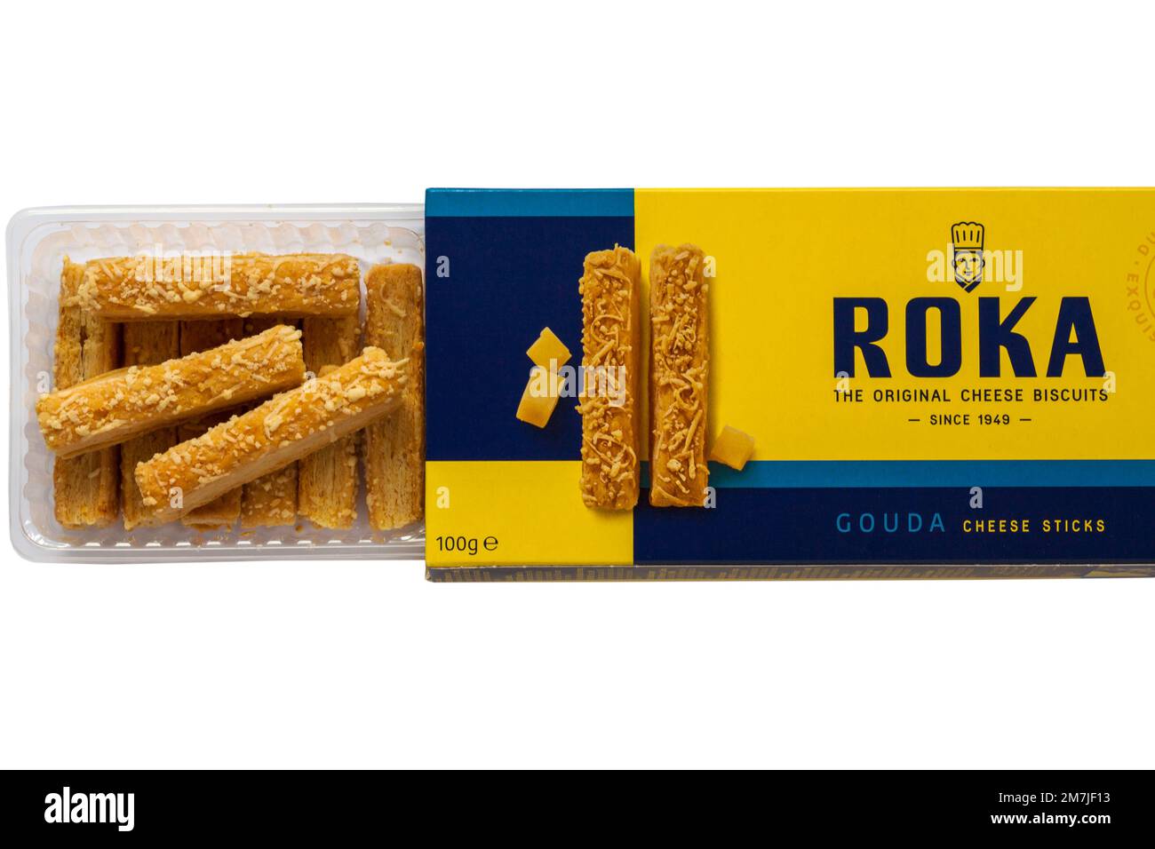 Scatola di formaggio Roka Gouda bastoncini i biscotti originali al formaggio aperti per mostrare il contenuto su sfondo bianco Foto Stock
