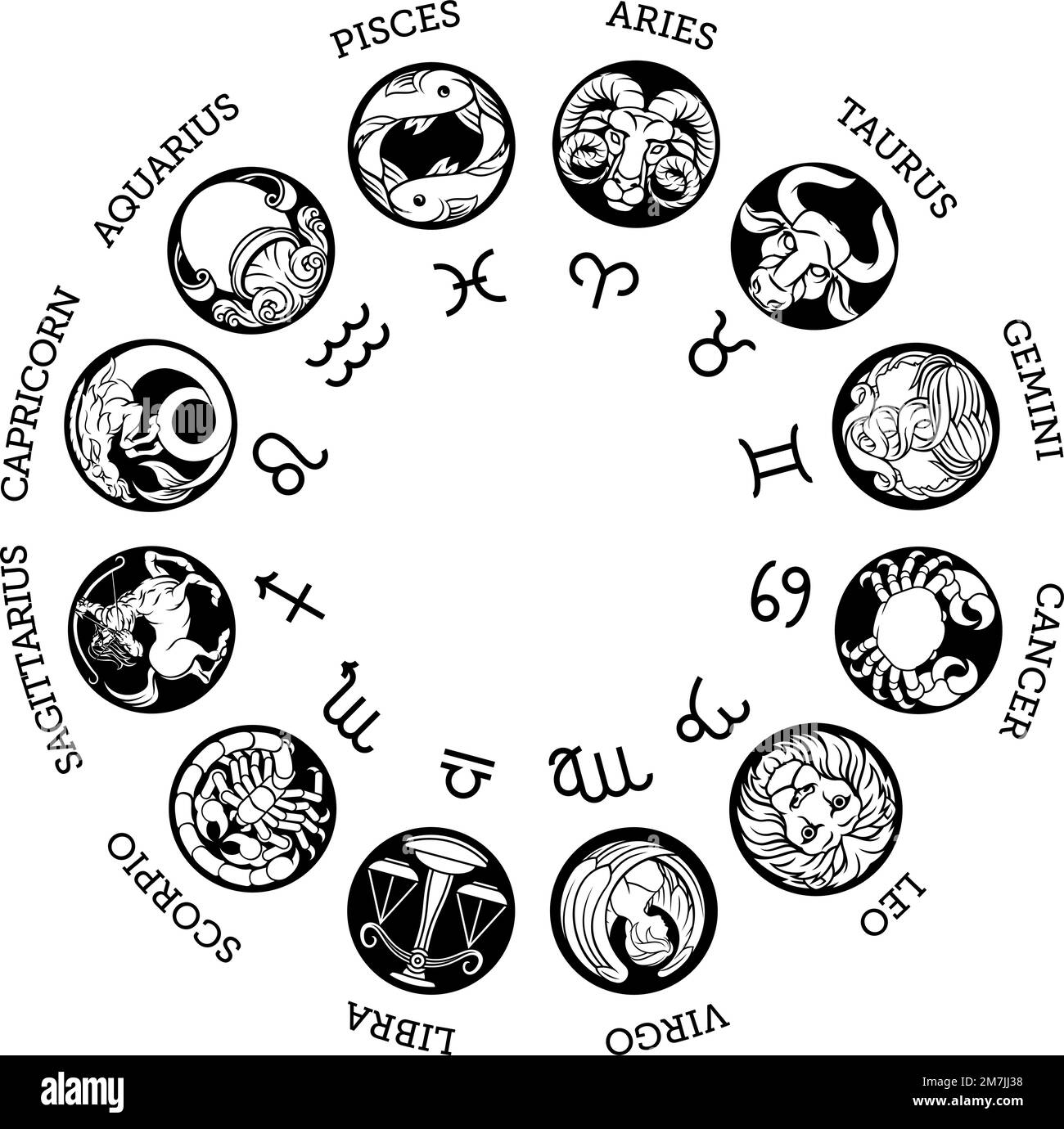 Oroscopo astrologico zodiaco stella segni simboli Illustrazione Vettoriale