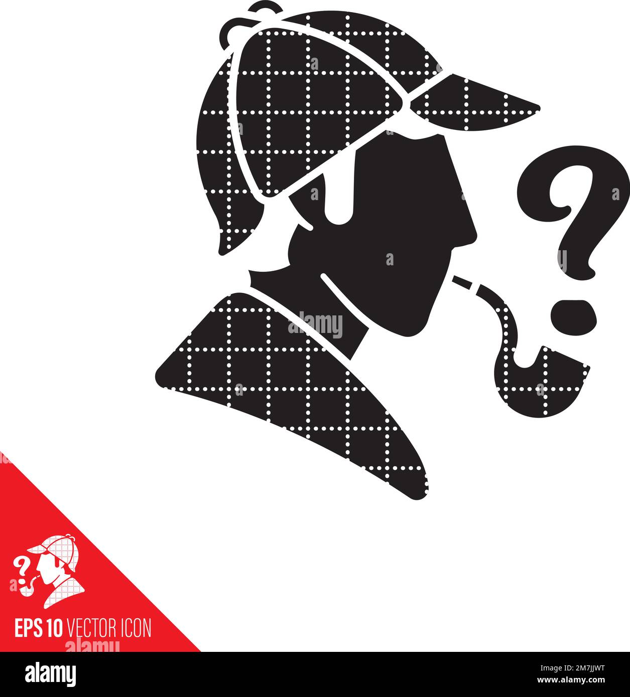 Profilo testa di Sherlock Holmes con cappuccio, mantello e tubo, fumo come punto interrogativo, icona vettoriale. Illustrazione Vettoriale