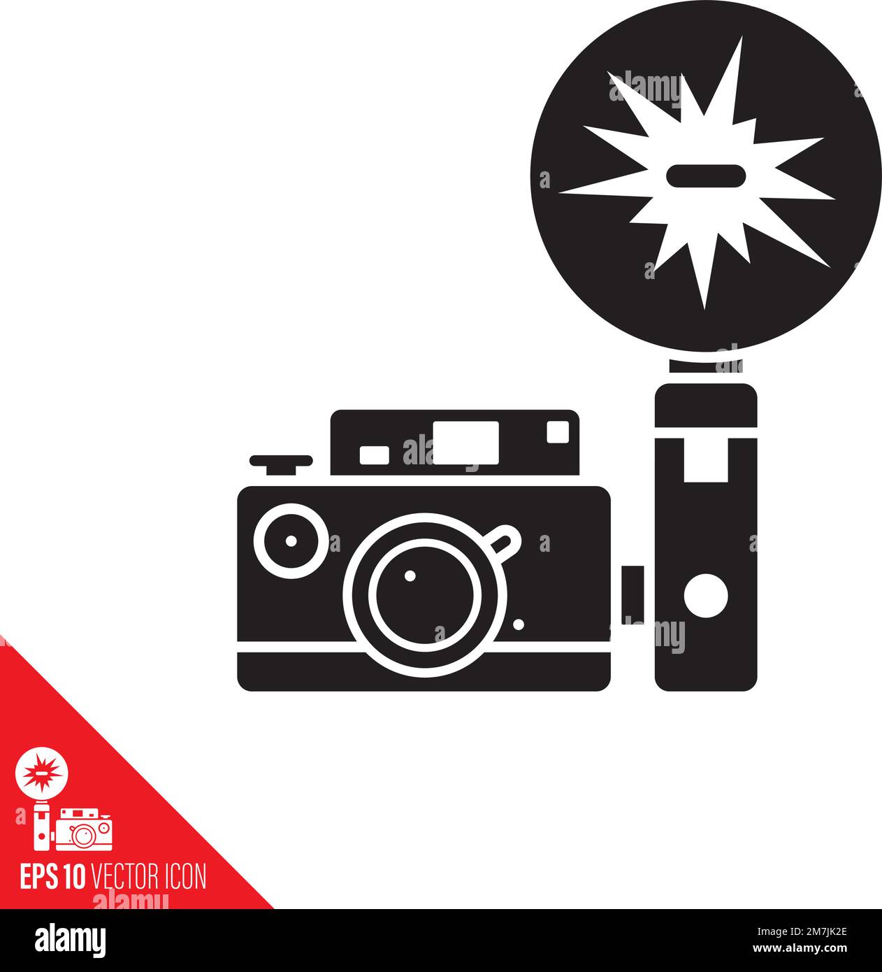 Fotocamera d'epoca con icona del vettore flash attached. Analog media e premere Symbol. Illustrazione Vettoriale