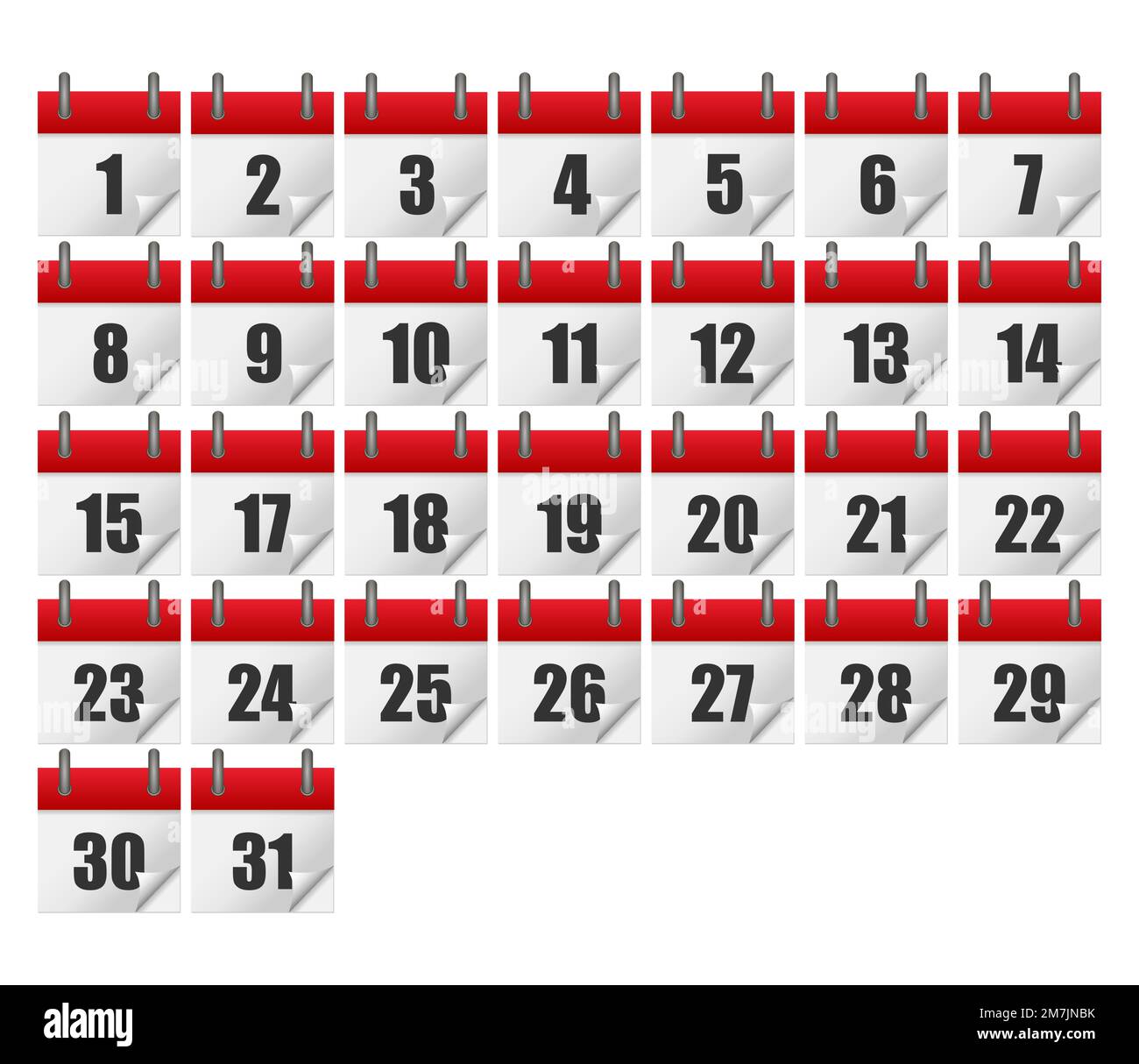 Calendari per tutti i 31 giorni del mese. Icone del calendario impostate. isolato sullo sfondo. Illustrazione vettoriale. EPS 10. Illustrazione Vettoriale