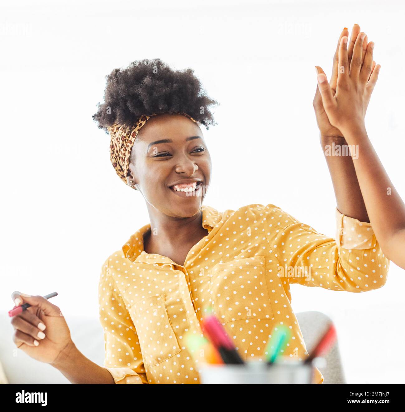 donna ritratto business team successo businesswoman ufficio giovane alto cinque studente nero afroamericano celebrare felice Foto Stock