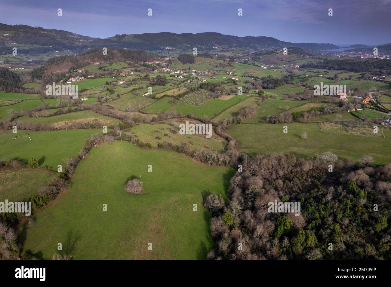 Veduta aerea del paesaggio rurale, Villaviciosa, Asturie, Spagna Foto Stock