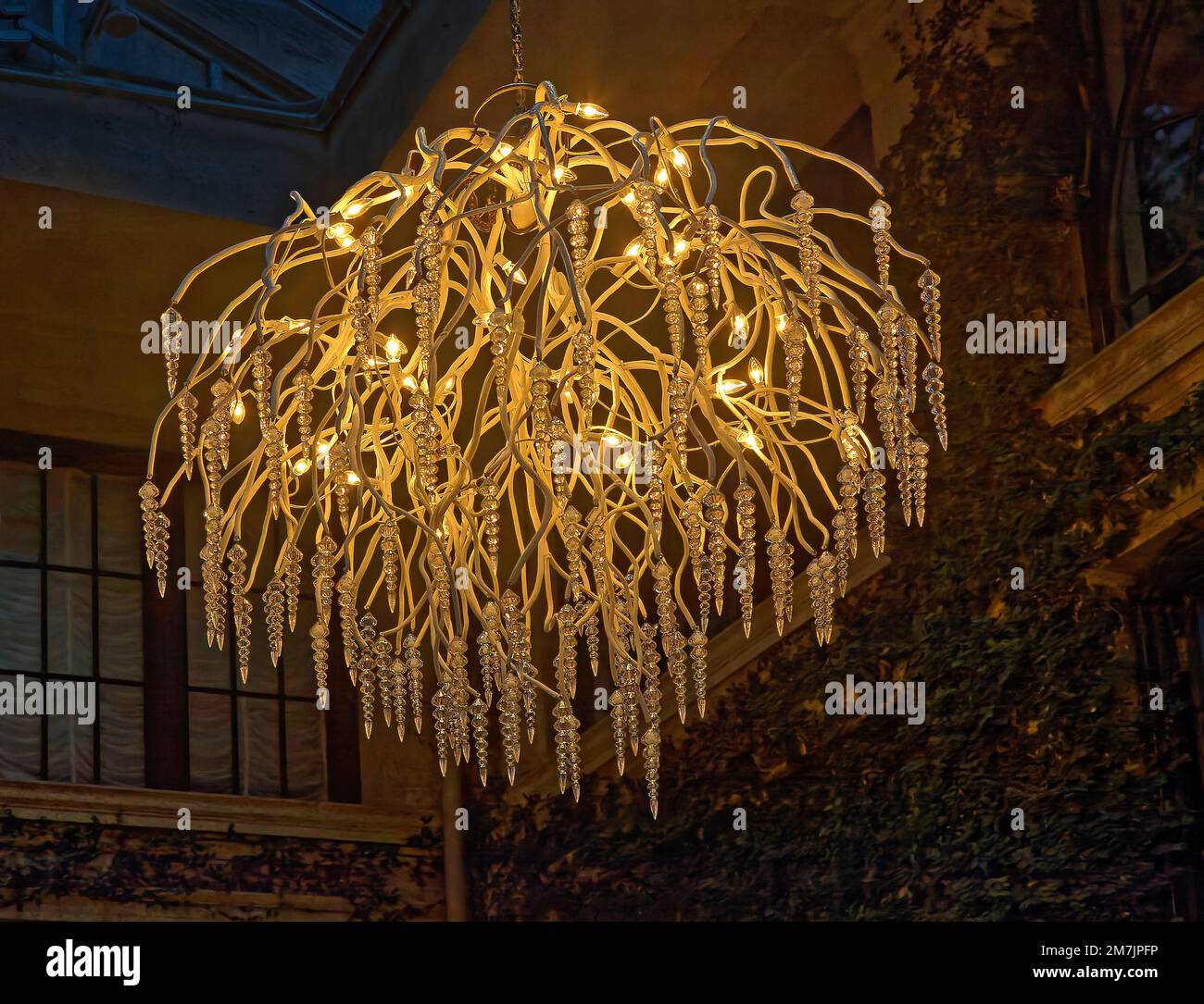 lampadario, decorazioni di ciclicoli, piccoli bulbi bianchi, aggraziato, unico, illuminazione, aspetto delicato Foto Stock