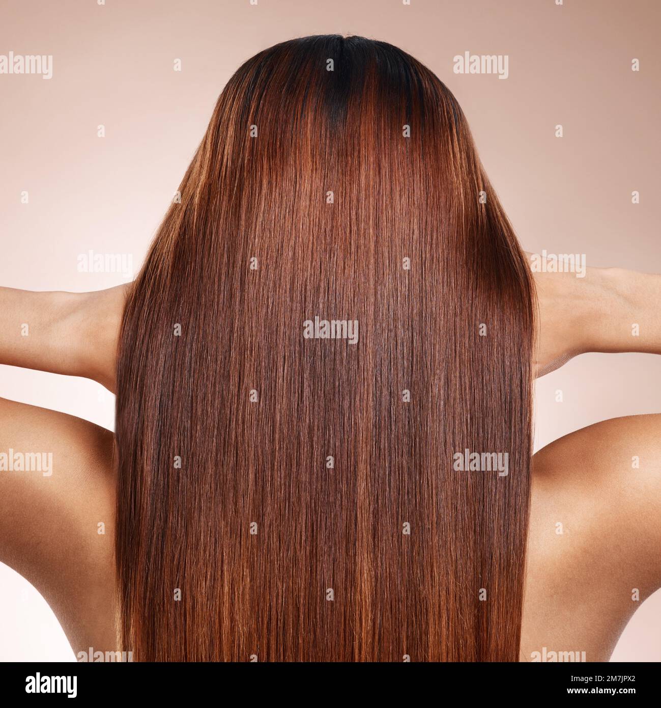 Capelli donna, schiena o brunette su sfondo studio in cheratina trattamento, auto amore governare o tintura marketing. Modello, mano a contatto o capelli castani Foto Stock